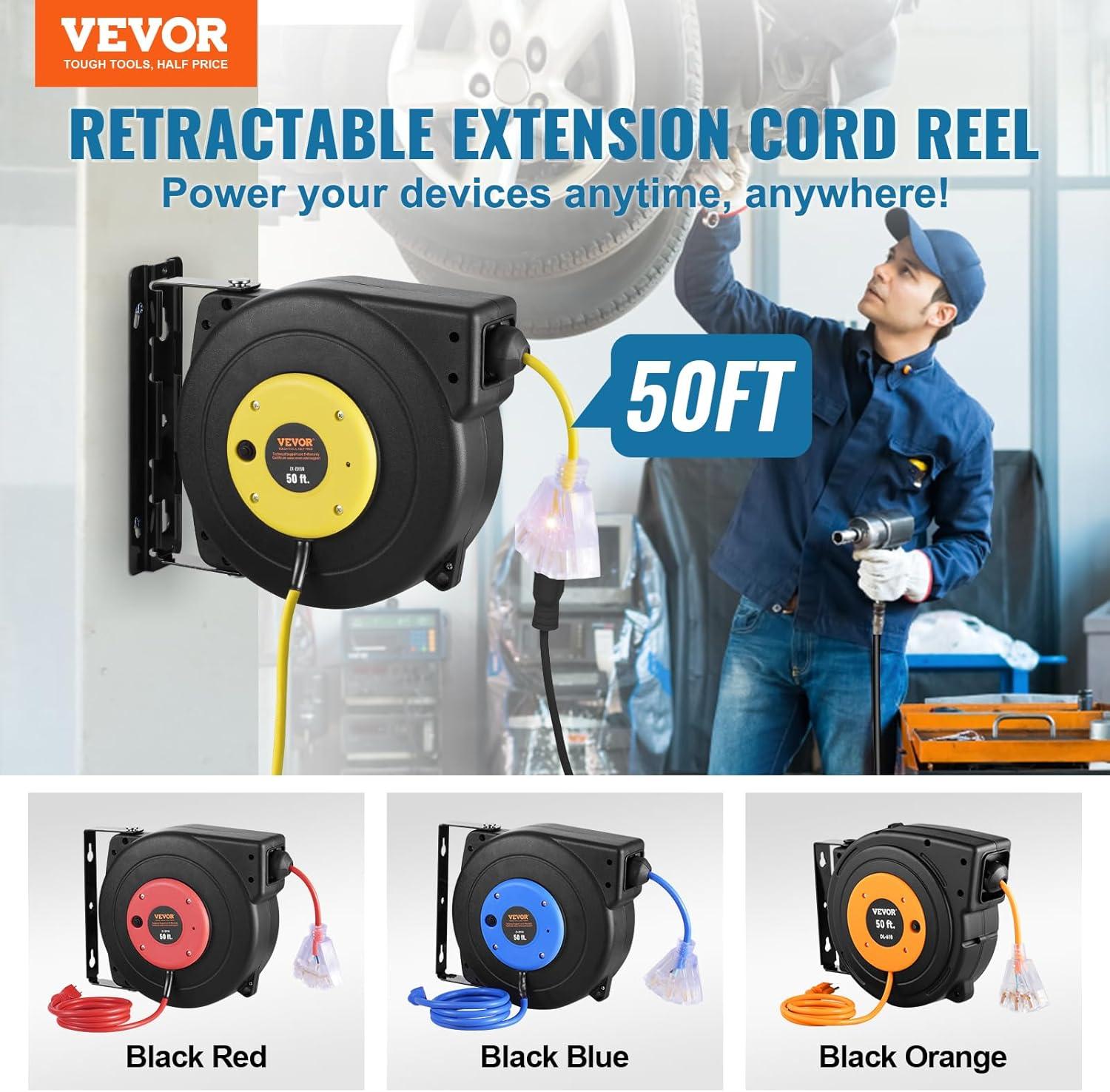 image:imageVEVOR Retractable Extension Cord Reel 65 FT Heavy Duty 12AWG3C SJTOW Retractable Power Cord with Lighted Triple Tap Outlet 15 Amp Circuit Breaker 180 Swivel Bracket for Ceiling or Wall MountYellow