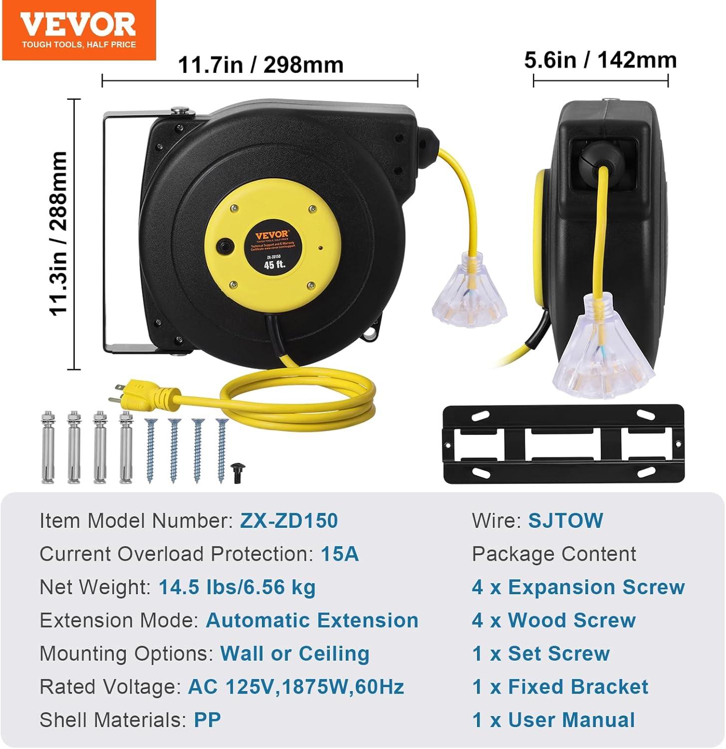 image:imageVEVOR Retractable Extension Cord Reel 65 FT Heavy Duty 12AWG3C SJTOW Retractable Power Cord with Lighted Triple Tap Outlet 15 Amp Circuit Breaker 180 Swivel Bracket for Ceiling or Wall MountYellow