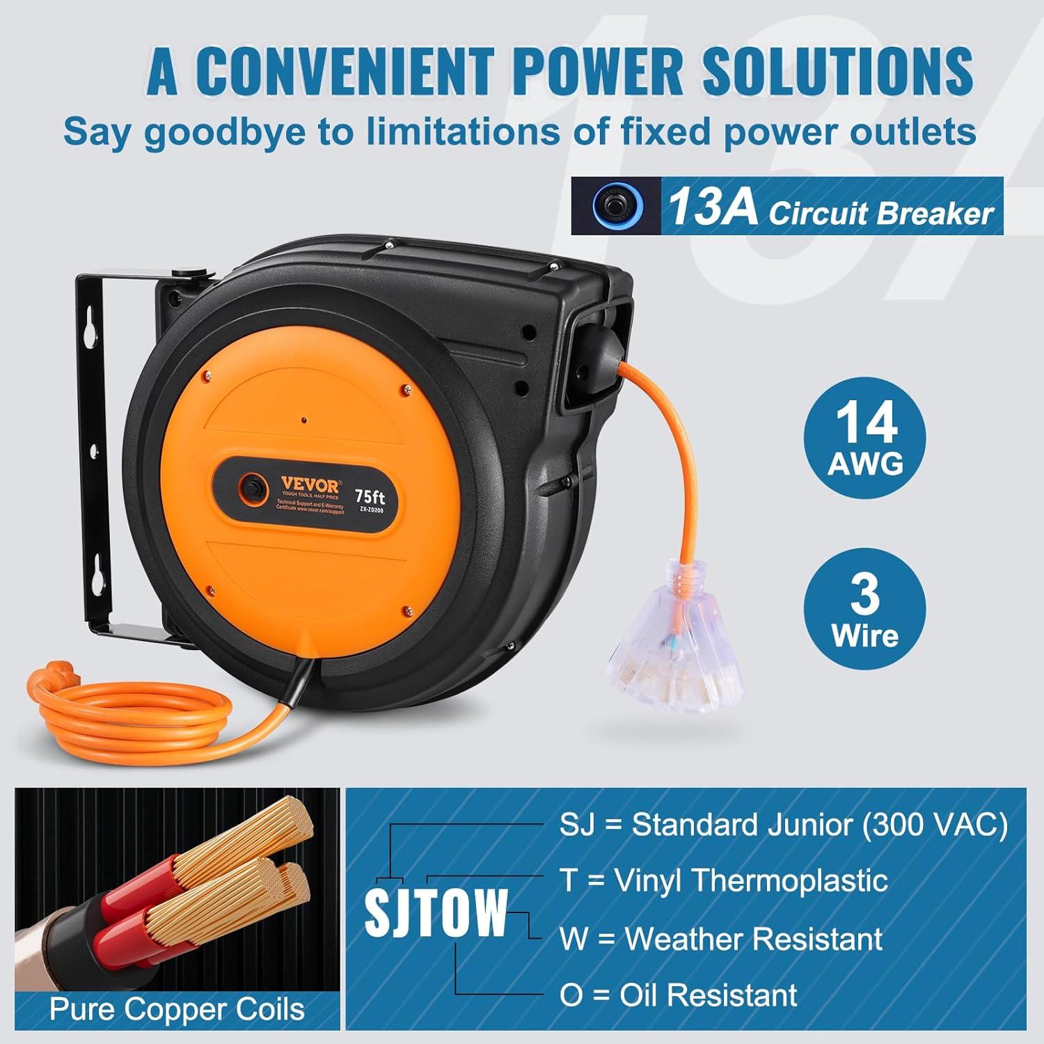 image:imageVEVOR Retractable Extension Cord Reel 65 FT Heavy Duty 12AWG3C SJTOW Retractable Power Cord with Lighted Triple Tap Outlet 15 Amp Circuit Breaker 180 Swivel Bracket for Ceiling or Wall MountOrange