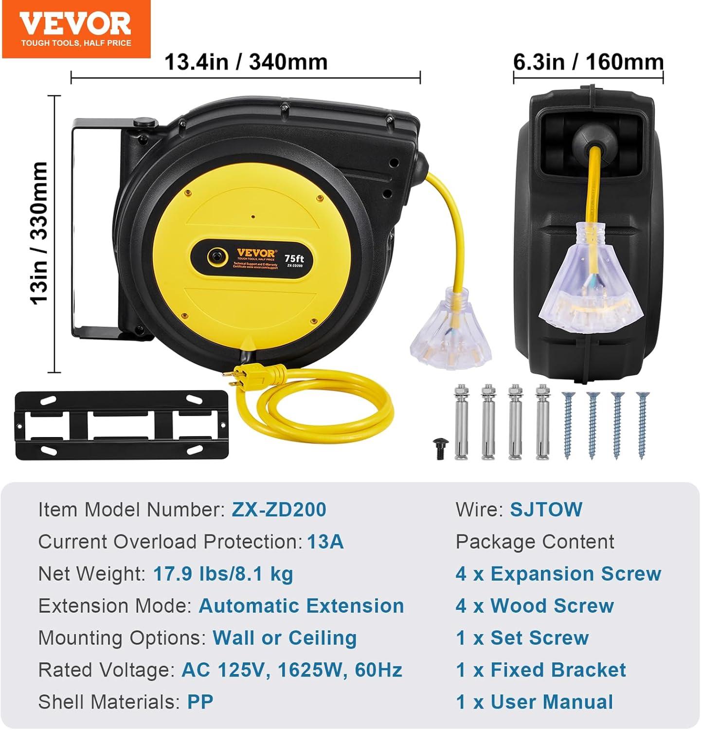 image:imageVEVOR Retractable Extension Cord Reel 65 FT Heavy Duty 12AWG3C SJTOW Retractable Power Cord with Lighted Triple Tap Outlet 15 Amp Circuit Breaker 180 Swivel Bracket for Ceiling or Wall MountYellow