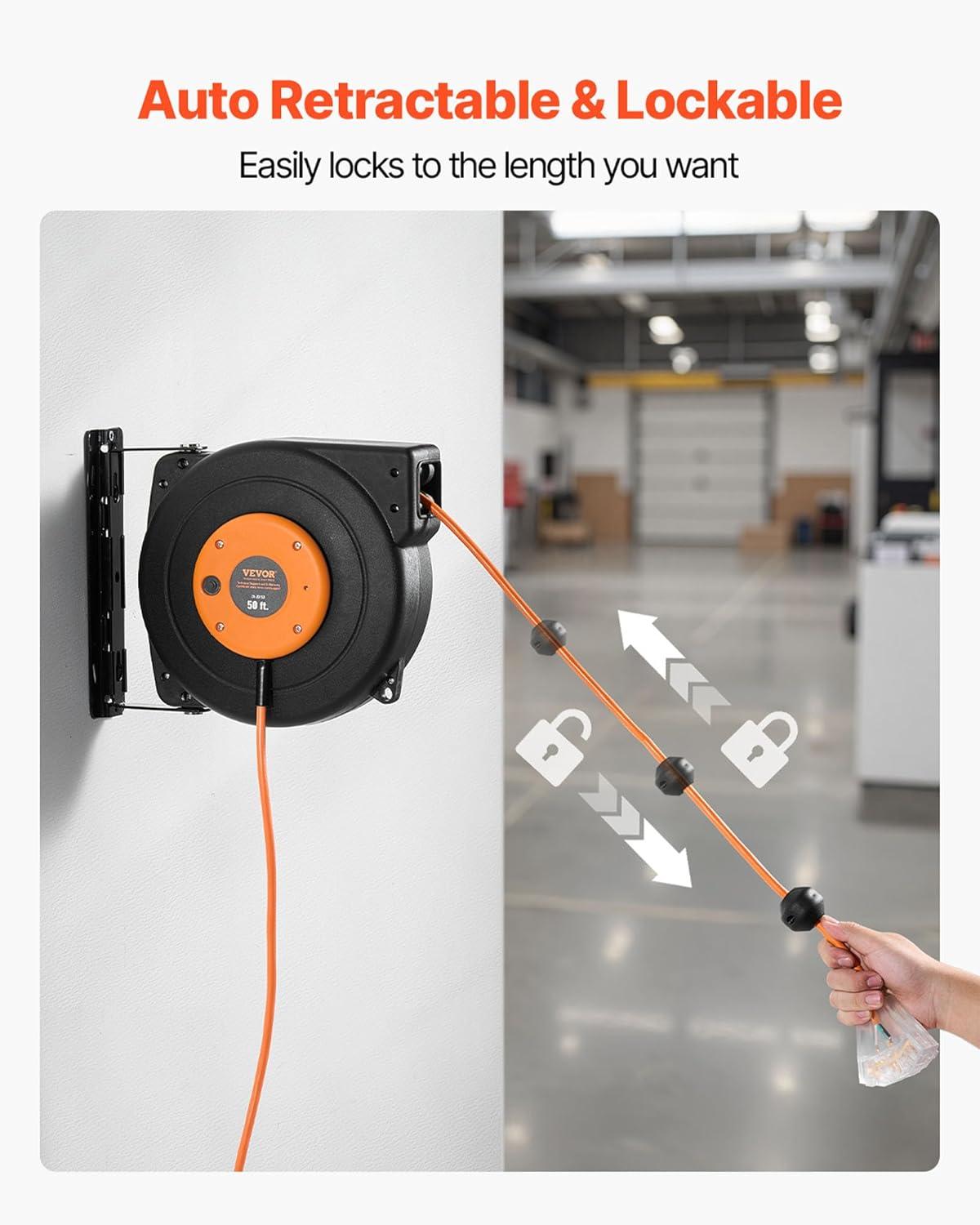image:imageVEVOR Retractable Extension Cord Reel 65 FT Heavy Duty 12AWG3C SJTOW Retractable Power Cord with Lighted Triple Tap Outlet 15 Amp Circuit Breaker 180 Swivel Bracket for Ceiling or Wall MountBlack Orange