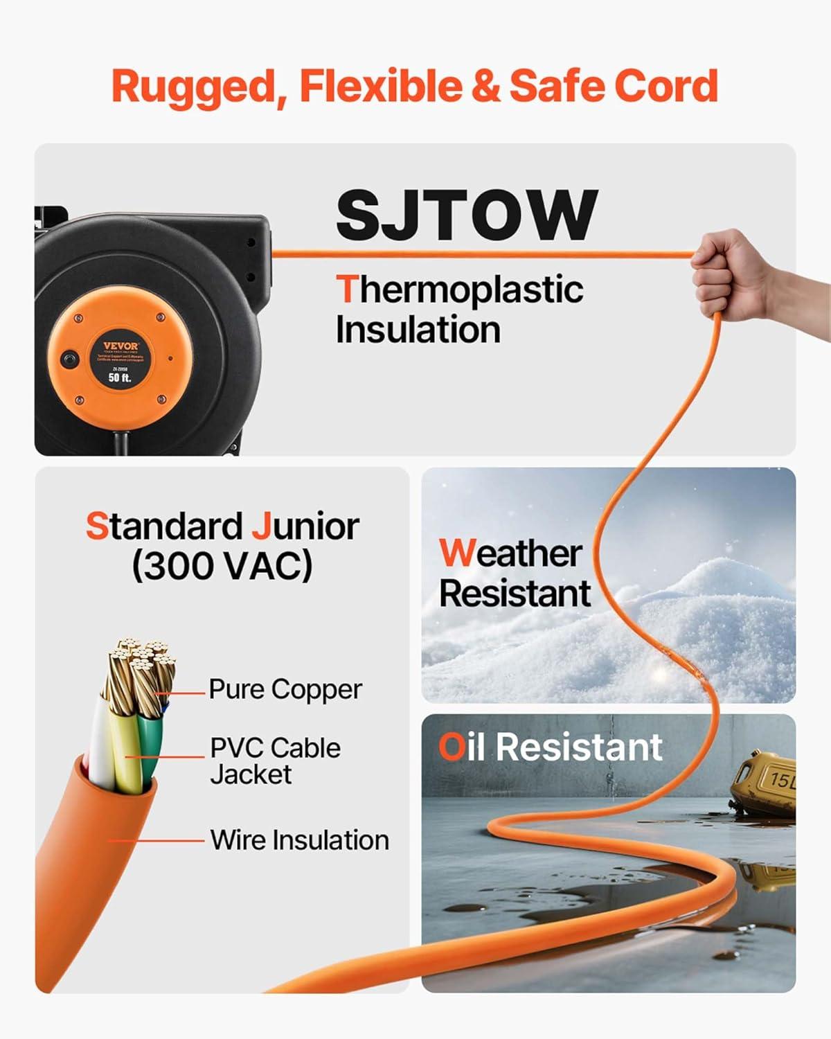 image:imageVEVOR Retractable Extension Cord Reel 65 FT Heavy Duty 12AWG3C SJTOW Retractable Power Cord with Lighted Triple Tap Outlet 15 Amp Circuit Breaker 180 Swivel Bracket for Ceiling or Wall MountBlack Orange