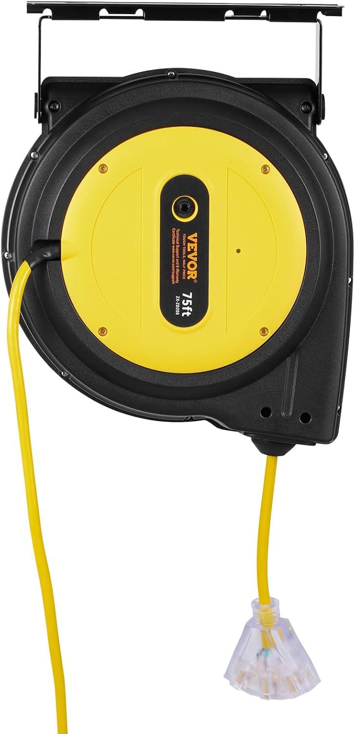 image:imageVEVOR Retractable Extension Cord Reel 65 FT Heavy Duty 12AWG3C SJTOW Retractable Power Cord with Lighted Triple Tap Outlet 15 Amp Circuit Breaker 180 Swivel Bracket for Ceiling or Wall MountYellow
