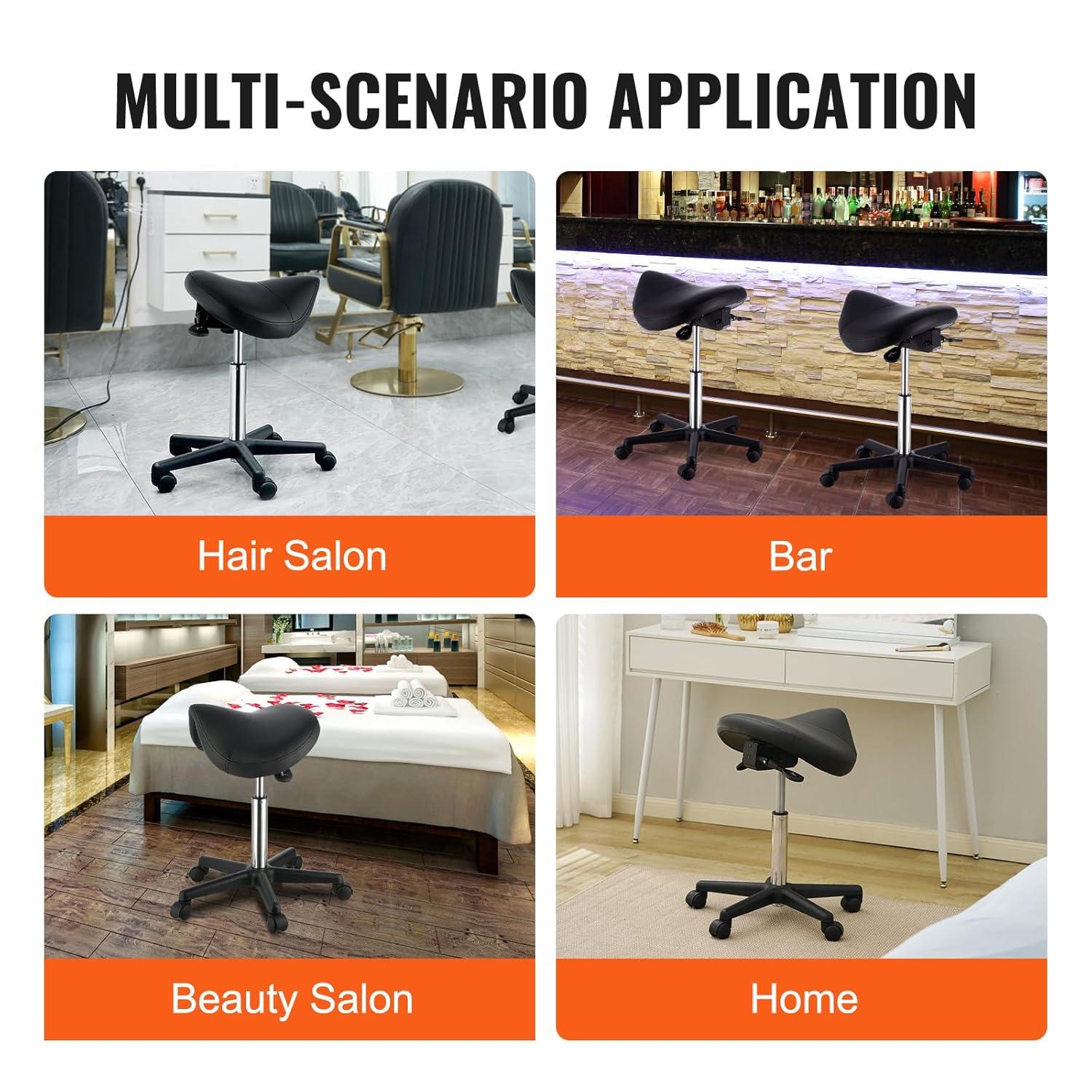 image:imageVEVOR Saddle Stool with Wheels 400 LBS Weight Capacity Height Adjustable Thickened PU Leather Swivel Saddle Stool Chair for Salon Spa Tattoo Clinic Black