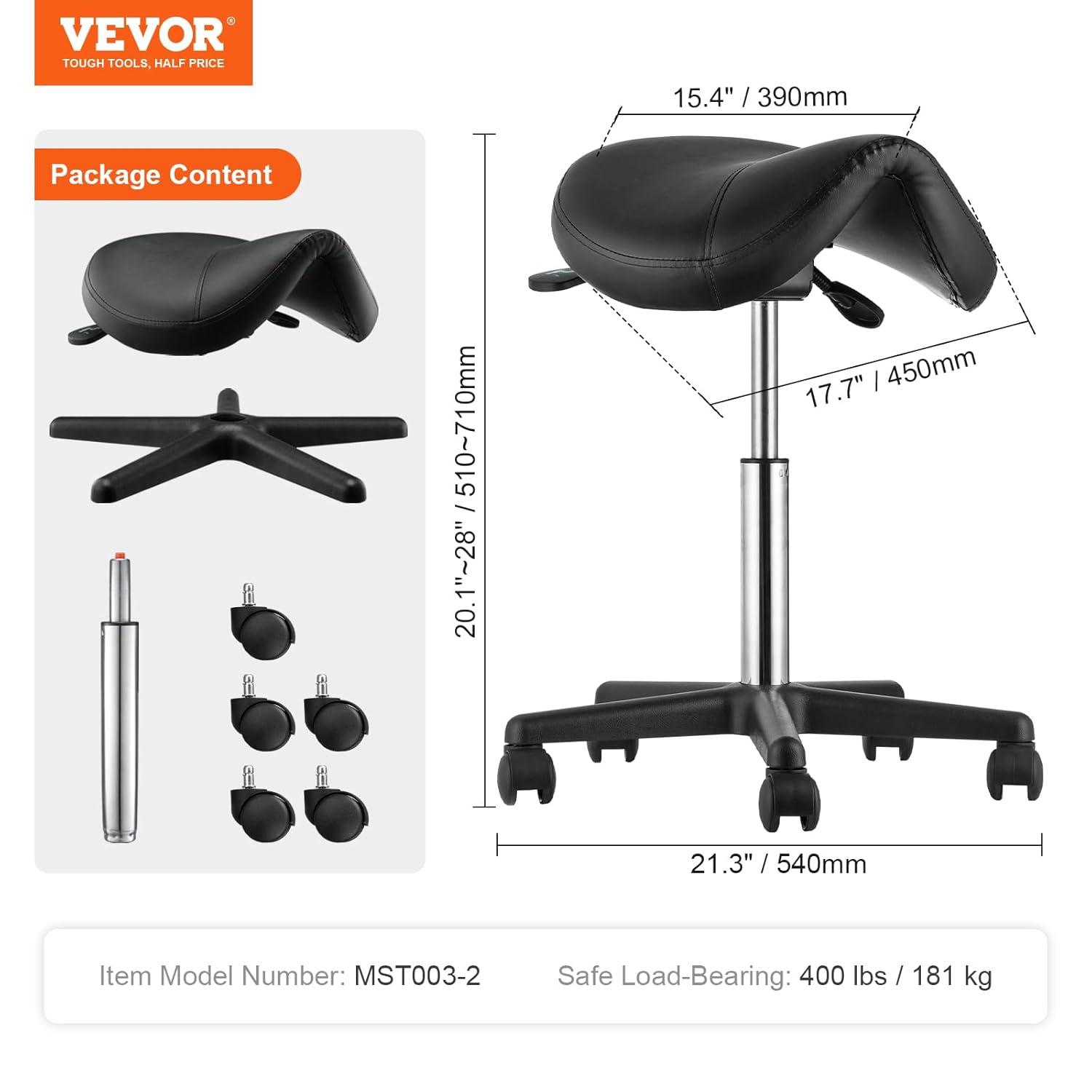 image:imageVEVOR Saddle Stool with Wheels 400 LBS Weight Capacity Height Adjustable Thickened PU Leather Swivel Saddle Stool Chair for Salon Spa Tattoo Clinic Black