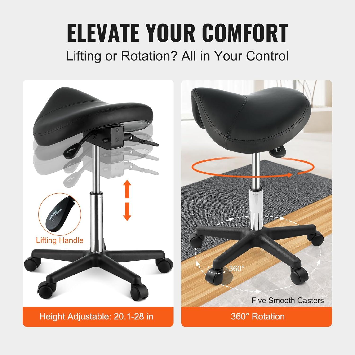 image:imageVEVOR Saddle Stool with Wheels 400 LBS Weight Capacity Height Adjustable Thickened PU Leather Swivel Saddle Stool Chair for Salon Spa Tattoo Clinic Black