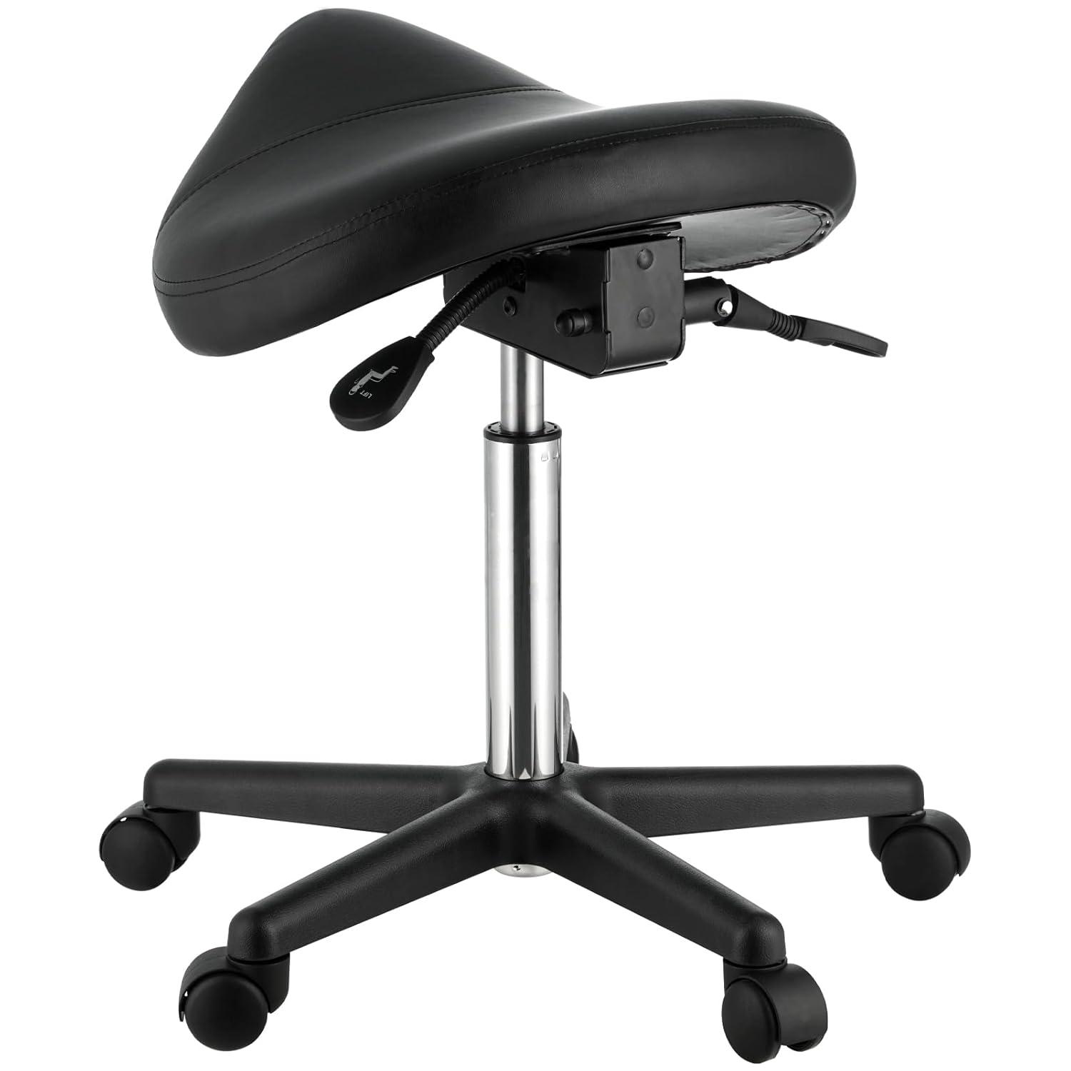 image:imageVEVOR Saddle Stool with Wheels 400 LBS Weight Capacity Height Adjustable Thickened PU Leather Swivel Saddle Stool Chair for Salon Spa Tattoo Clinic Black