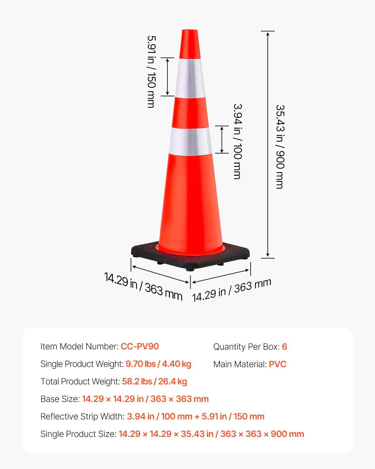 image:imageVEVOR Safety Cones 6 Pack 36 Traffic Cones PVC Orange Construction Cones with Reflective Collars and Black Weighted Base for Traffic Control Driveway Road Parking and School Improvement366Cones