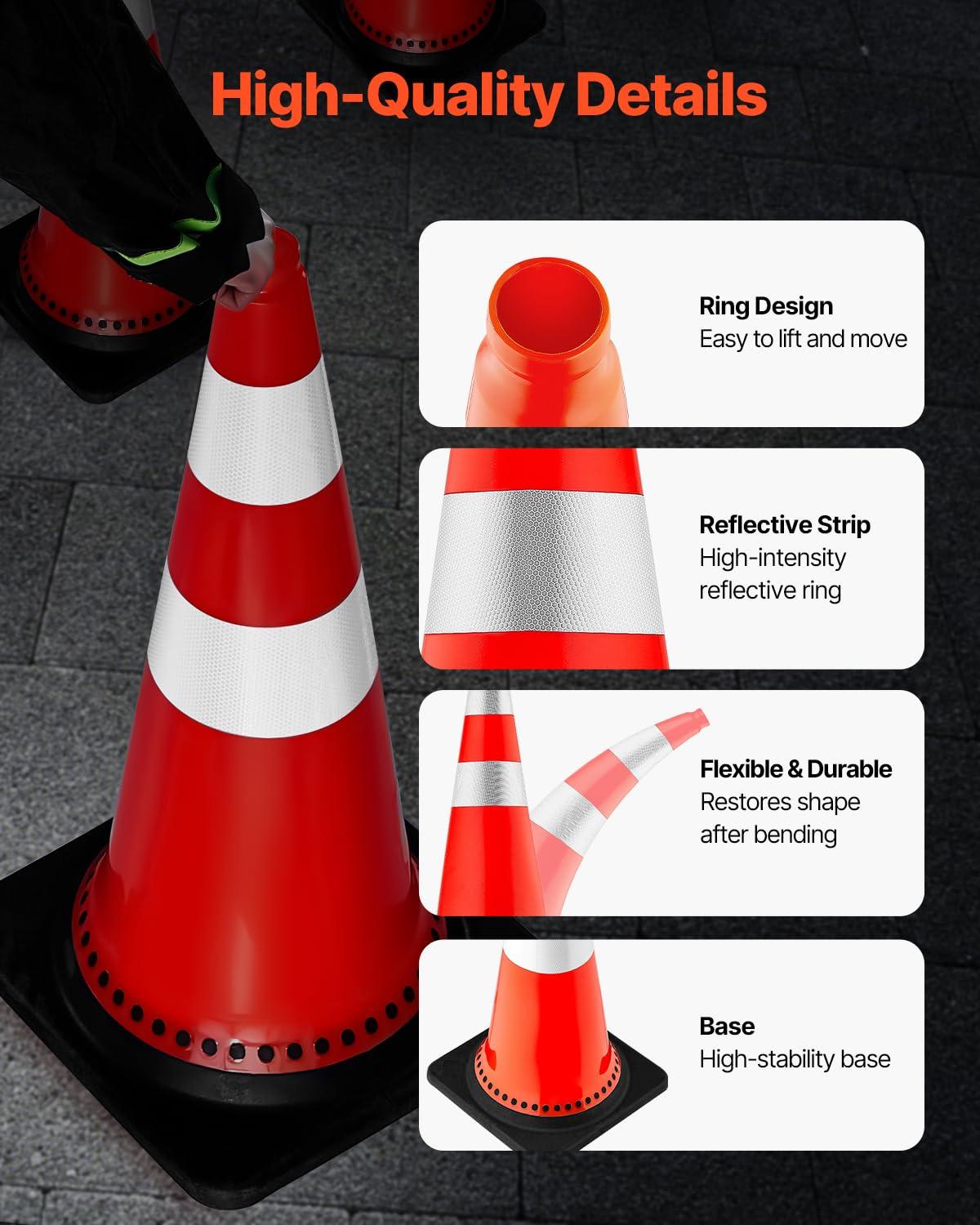image:imageVEVOR Safety Cones 6 Pack 36 Traffic Cones PVC Orange Construction Cones with Reflective Collars and Black Weighted Base for Traffic Control Driveway Road Parking and School Improvement30
