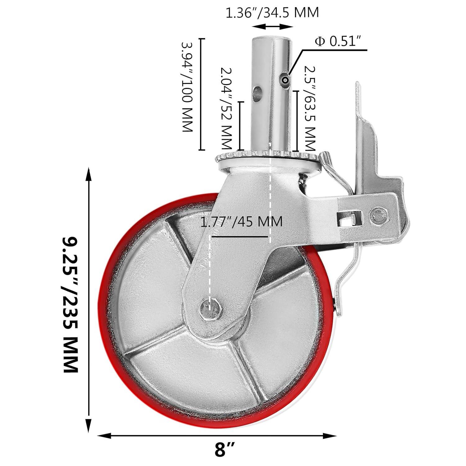 image:imageVEVOR Scaffolding Wheels 8 Scaffold Wheels Set of 4 Heavy Duty Locking Casters 3200LBS Capacity Locking Stem Casters with Brake Red Polyurethane Replacement for Scaffold ShelvesIron core