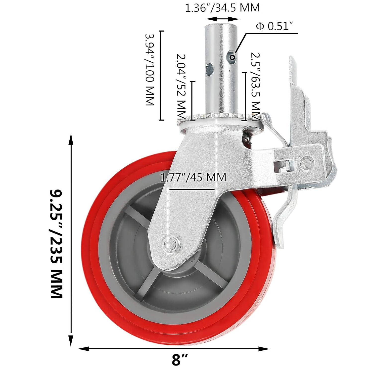 image:imageVEVOR Scaffolding Wheels 8 Scaffold Wheels Set of 4 Heavy Duty Locking Casters 3200LBS Capacity Locking Stem Casters with Brake Red Polyurethane Replacement for Scaffold ShelvesPlastic core