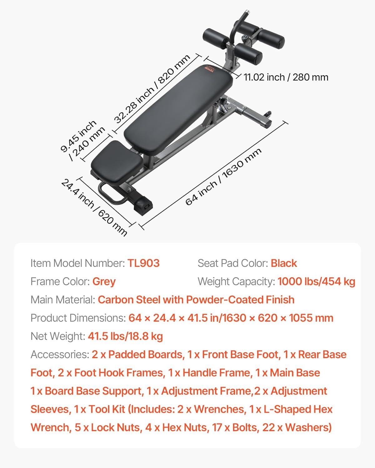 image:imageVEVOR Sit Up Bench Decline Ab Bench with Reverse Crunch Handle Adjustable Height Setting Heavy Duty Steel 5006001000 Lbs Capacity for Home Gym Workouts Strength Training Full Body MusclesAb Bench1000lbs