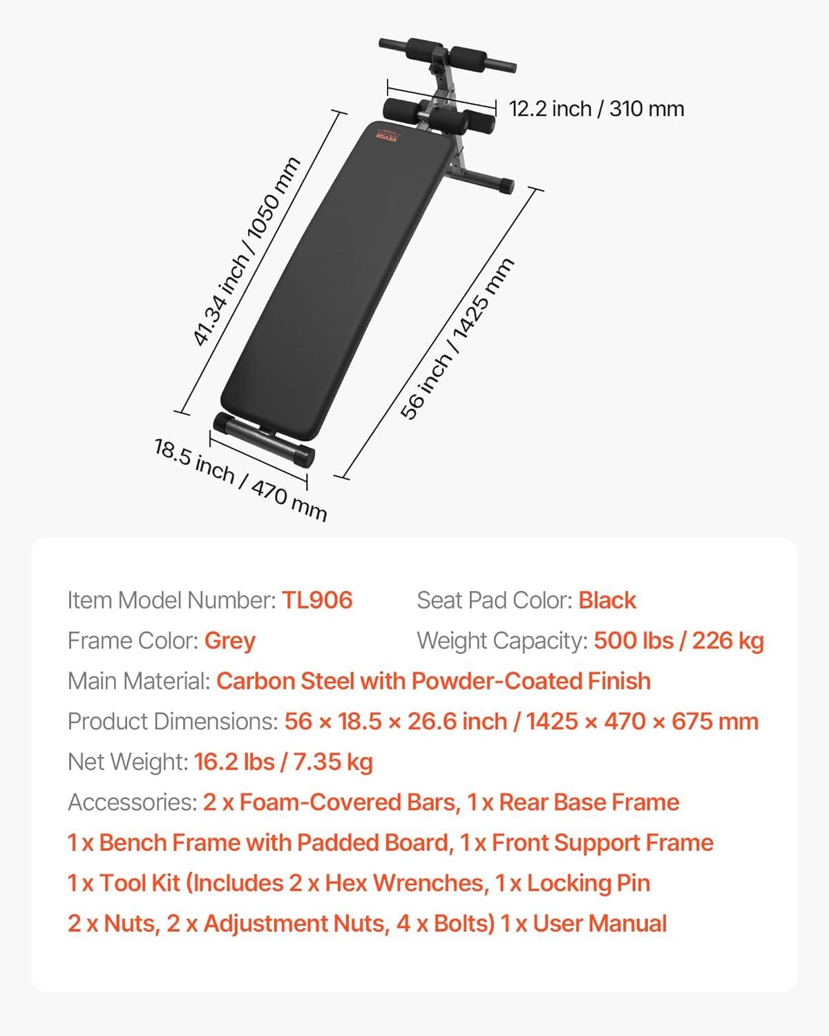 image:imageVEVOR Sit Up Bench Decline Ab Bench with Reverse Crunch Handle Adjustable Height Setting Heavy Duty Steel 5006001000 Lbs Capacity for Home Gym Workouts Strength Training Full Body MusclesAb Bench500lbs