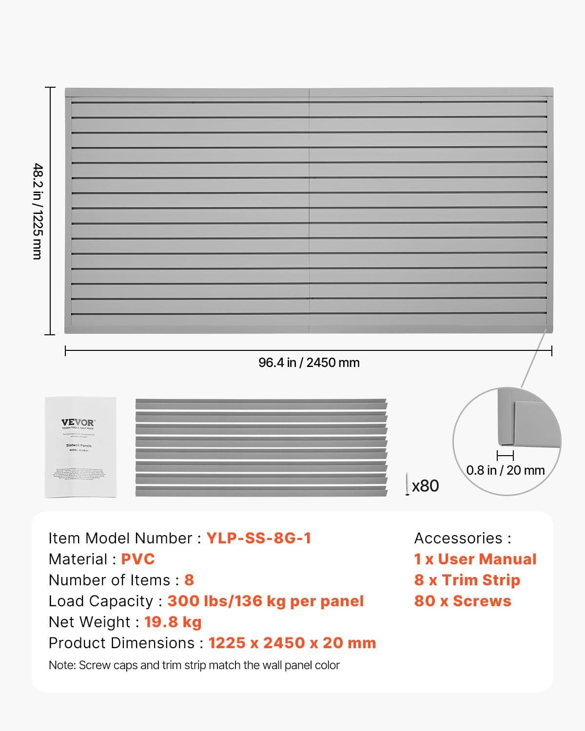 image:imageVEVOR Slat Wall Paneling 8 x 4 ft PVC Garage Slatwall without Accessories Black Slat Wall EasytoInstall Adjustable Slatwall Panel with Coupling Structure amp DIY Cutting Fits for Storage amp DisplayGray
