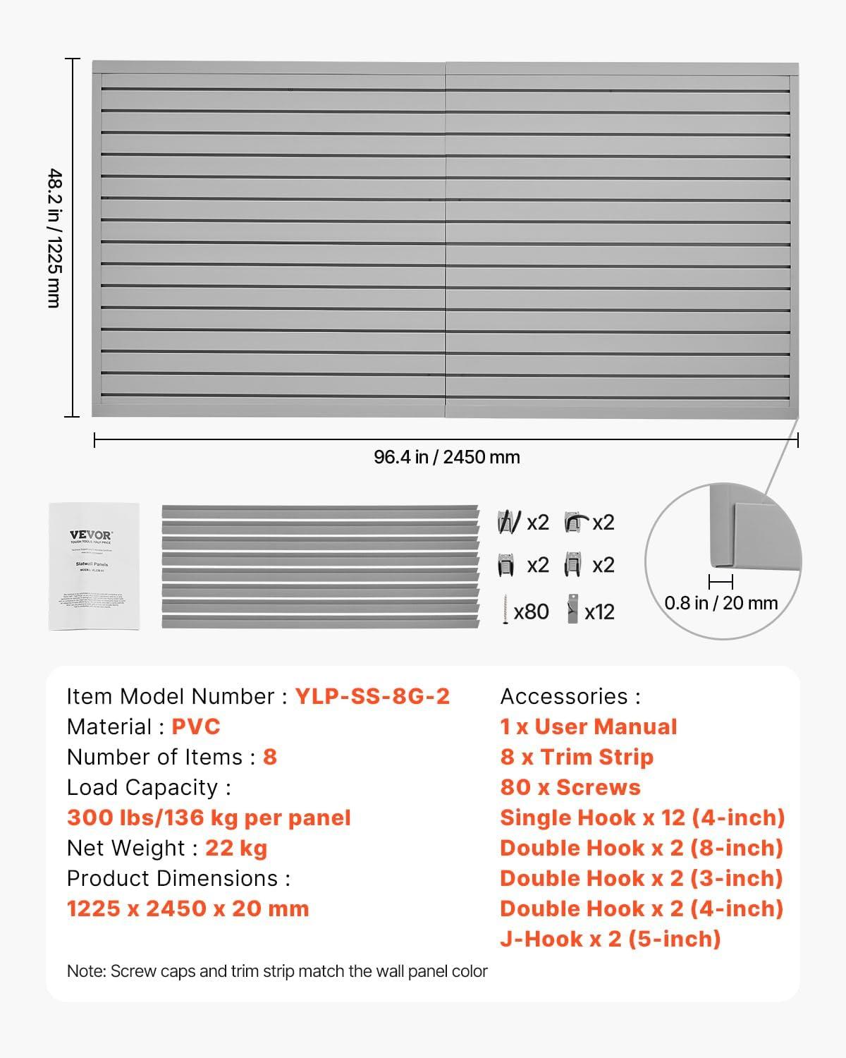 image:imageVEVOR Slat Wall Paneling 8 x 4 ft PVC Garage Slatwall without Accessories Black Slat Wall EasytoInstall Adjustable Slatwall Panel with Coupling Structure amp DIY Cutting Fits for Storage amp DisplayGray