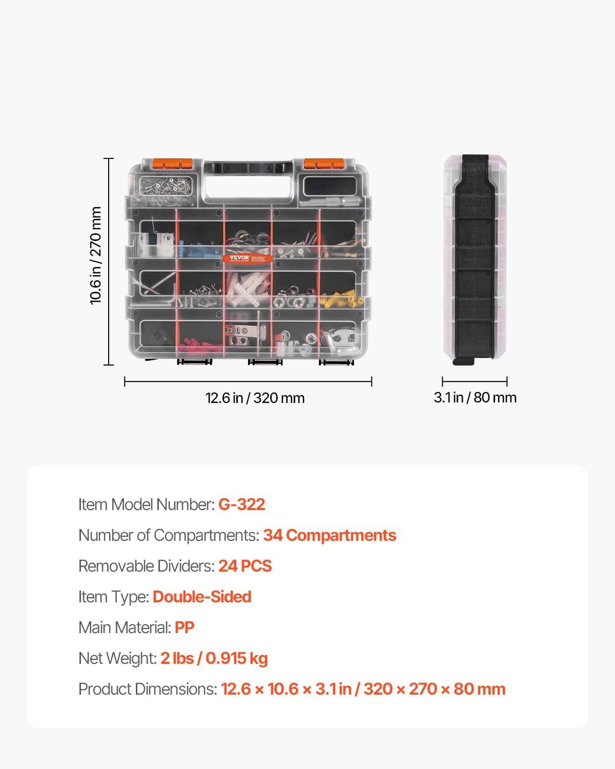 image:imageVEVOR Small Parts Organizer 34Compartment Double Side Tools Organizer Box with 24 Removable Dividers PP Hardware Storage Box with Safety Latch amp Portable Handle for Nuts Bolts Screws Nails1 PC Double Side