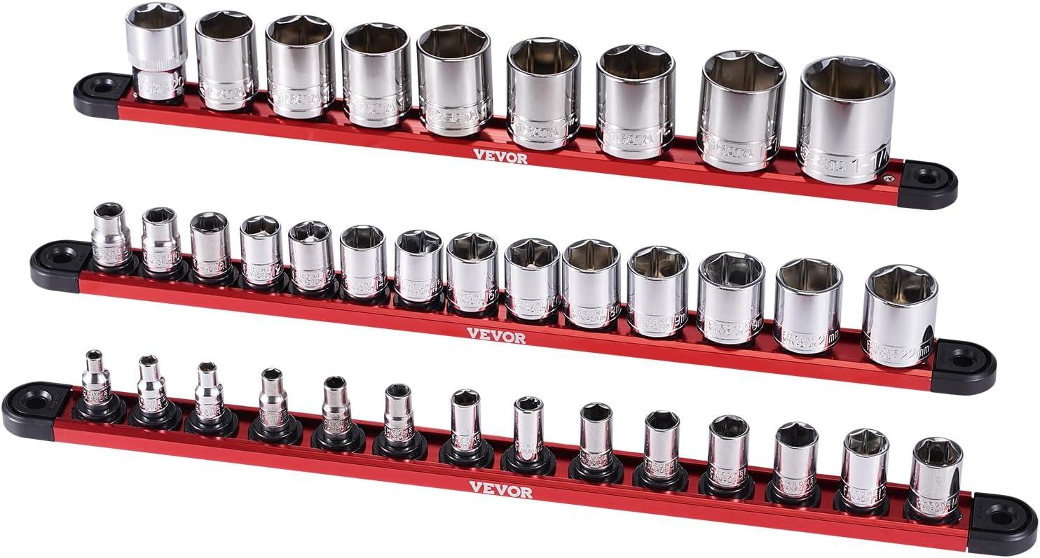 image:imageVEVOR Socket Organizer Rail Set 3PCS Metric amp SAE Aluminum Socket Organizers 14 38 amp 12 HeavyDuty Socket Holder with 360 Rotating Clips for Tool Box Hold up to 40 Sockets Red amp BlackSocket Rail Holder
