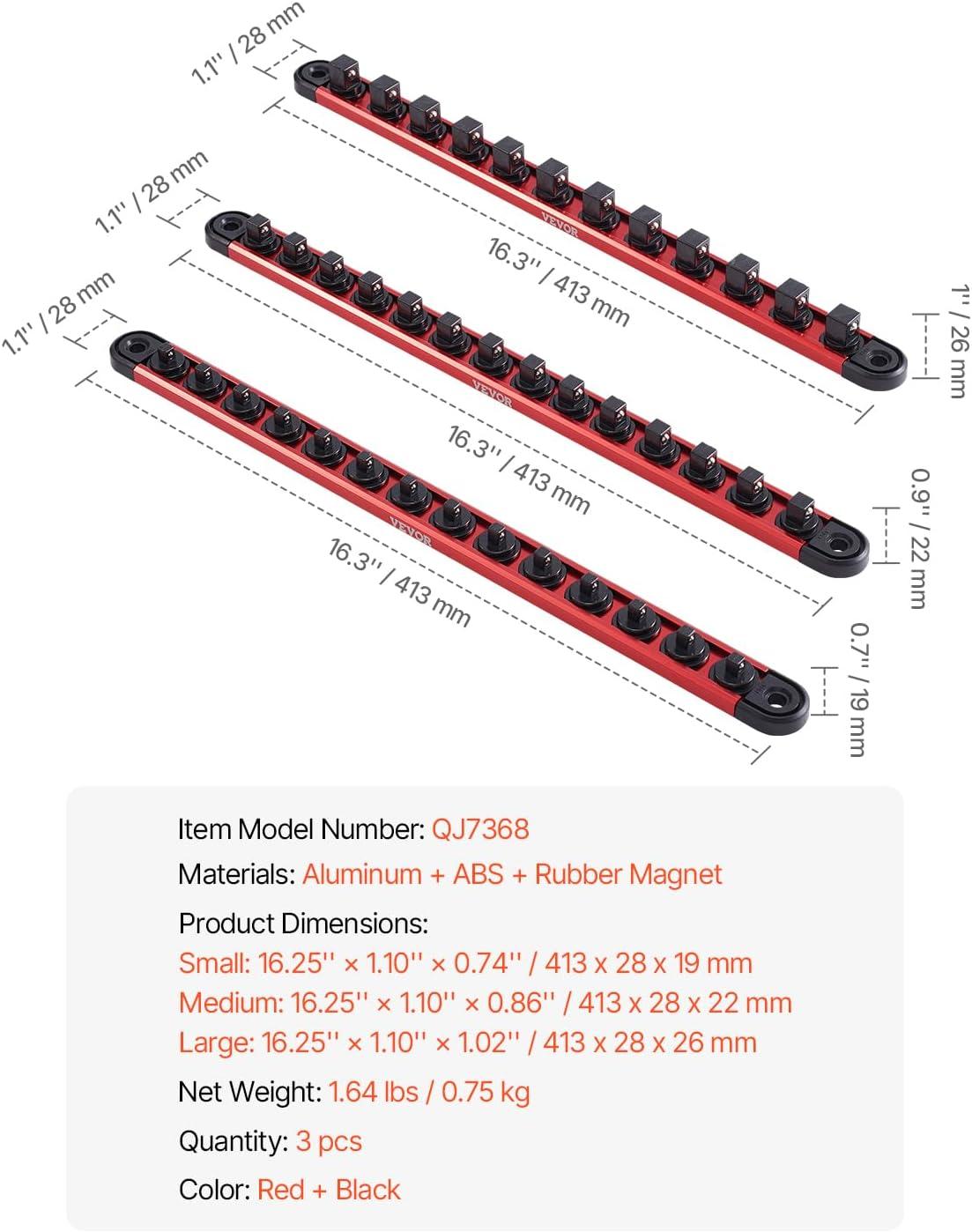 image:imageVEVOR Socket Organizer Rail Set 3PCS Metric amp SAE Aluminum Socket Organizers 14 38 amp 12 HeavyDuty Socket Holder with 360 Rotating Clips for Tool Box Hold up to 40 Sockets Red amp BlackSocket Rail Holder
