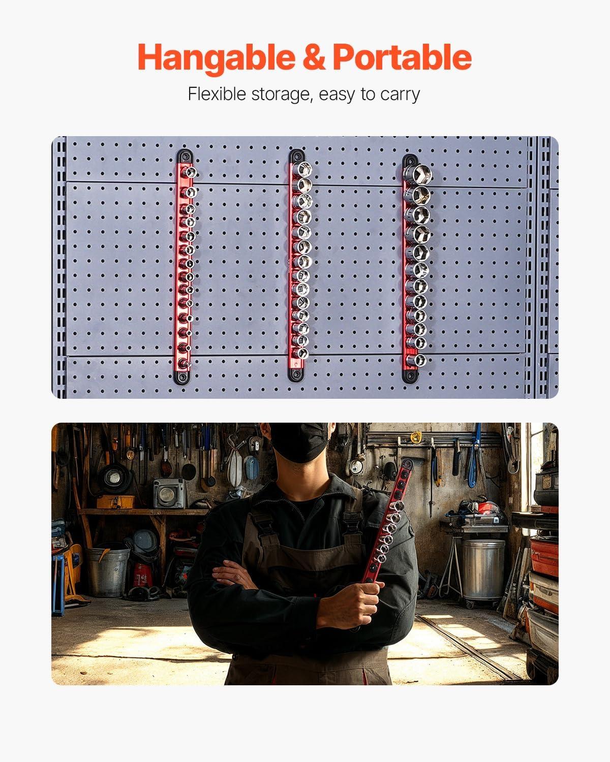 image:imageVEVOR Socket Organizer Rail Set 3PCS Metric amp SAE Aluminum Socket Organizers 14 38 amp 12 HeavyDuty Socket Holder with 360 Rotating Clips for Tool Box Hold up to 40 Sockets Red amp BlackSocket Rail Holder