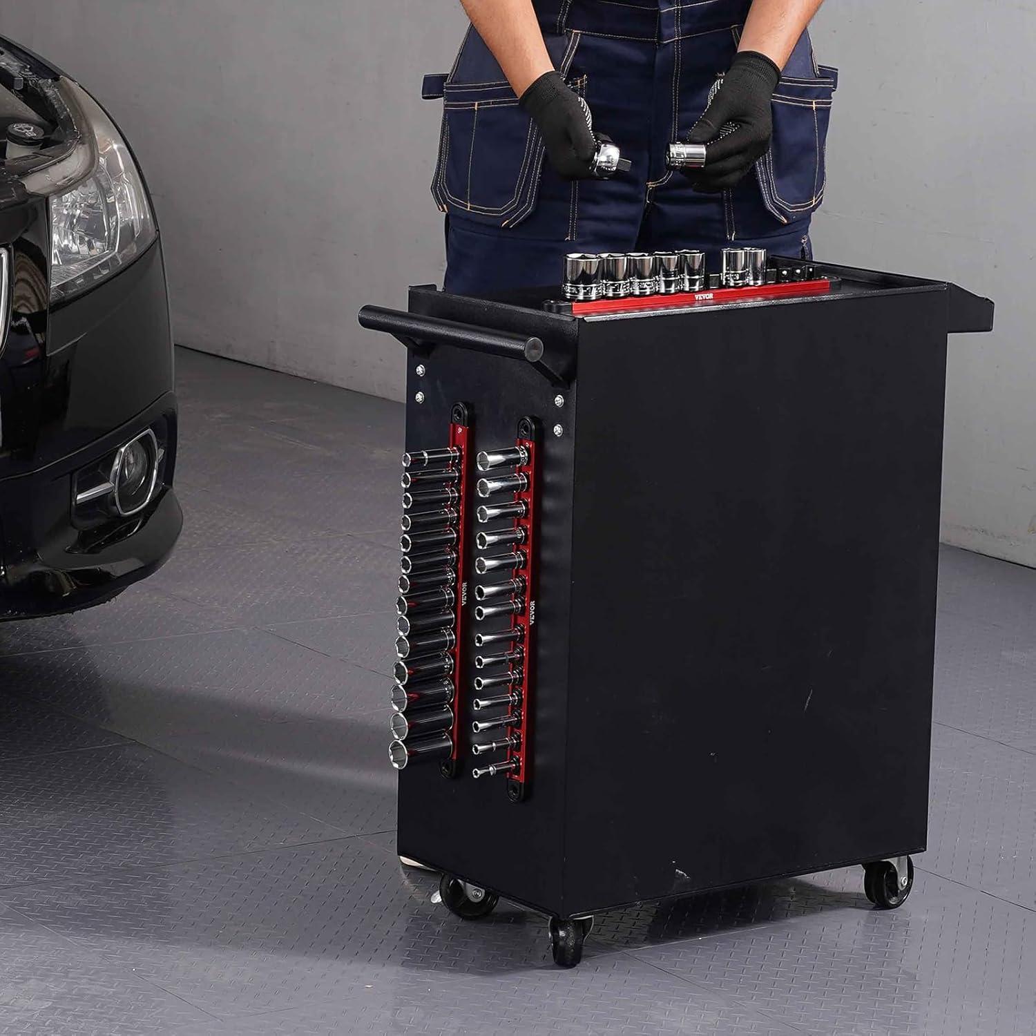 image:imageVEVOR Socket Organizer Rail Set 3PCS Metric amp SAE Aluminum Socket Organizers 14 38 amp 12 HeavyDuty Socket Holder with 360 Rotating Clips for Tool Box Hold up to 40 Sockets Red amp BlackSocket Rail Holder