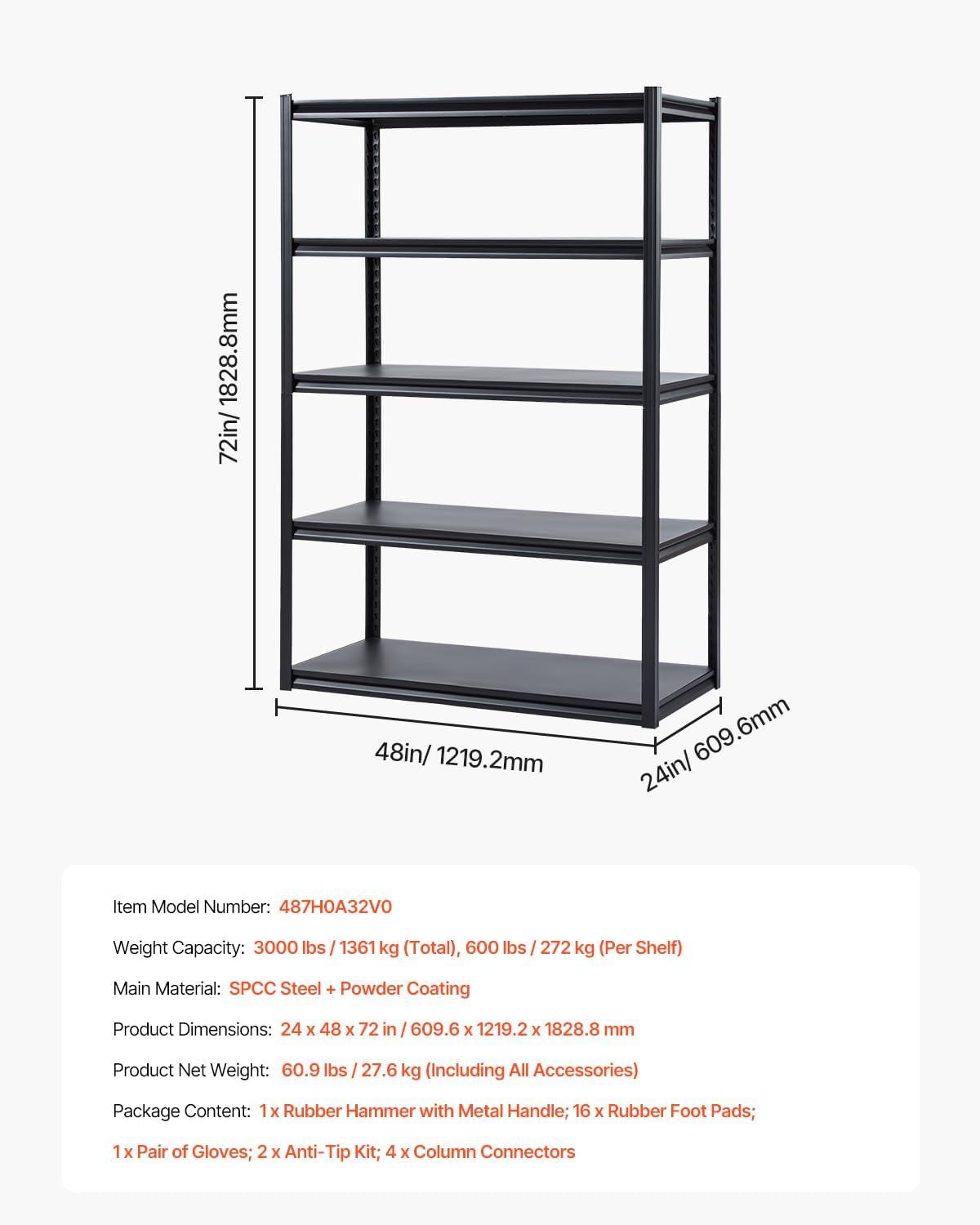 image:imageVEVOR Storage Shelves 3000 lbs 5 Tier Garage Storage Shelving 24 D x 48 W x 72 H Adjustable Metal Shelves for Garage Shelves Utility Rack Shelf Ideal for Kitchen Warehouse Basement Black24 D x 48 W x 72 H