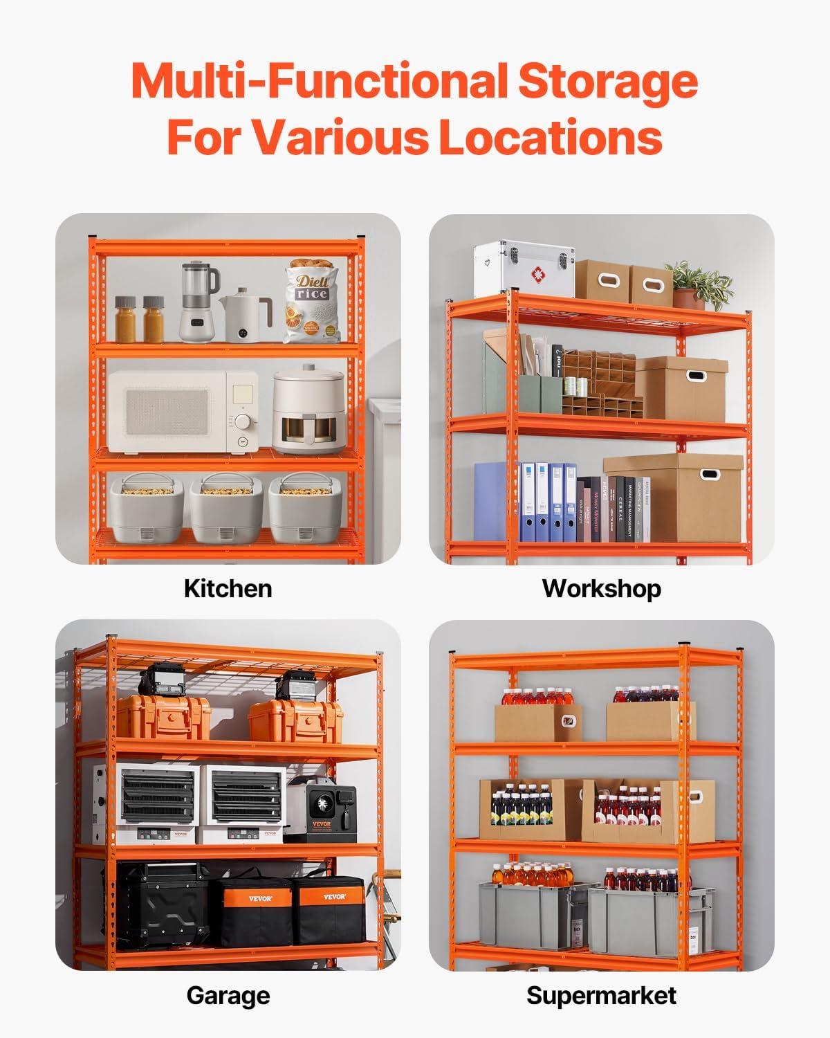 image:imageVEVOR Storage Shelves 3000 lbs 5 Tier Heavy Duty Garage Shelving 24 D x 48 W x 72 H Adjustable Metal Shelves for Industrial Shelving Unit Utility Shelf for Kitchen Warehouse Basement BlackOrange