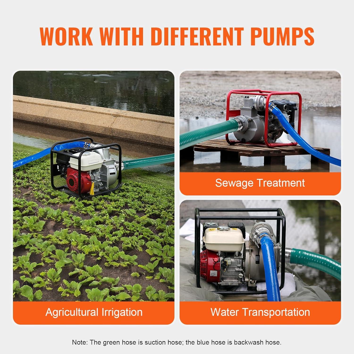 image:imageVEVOR Suction Hose 2 in x 20 ft Green High Quality Hose with Camlock Connectors and Aluminum Fittings Fit Various Pumps for Sewage Treatment Water Transportation and More Agricultural Purposes2 x 20 suction hose 60 Backwash Hose
