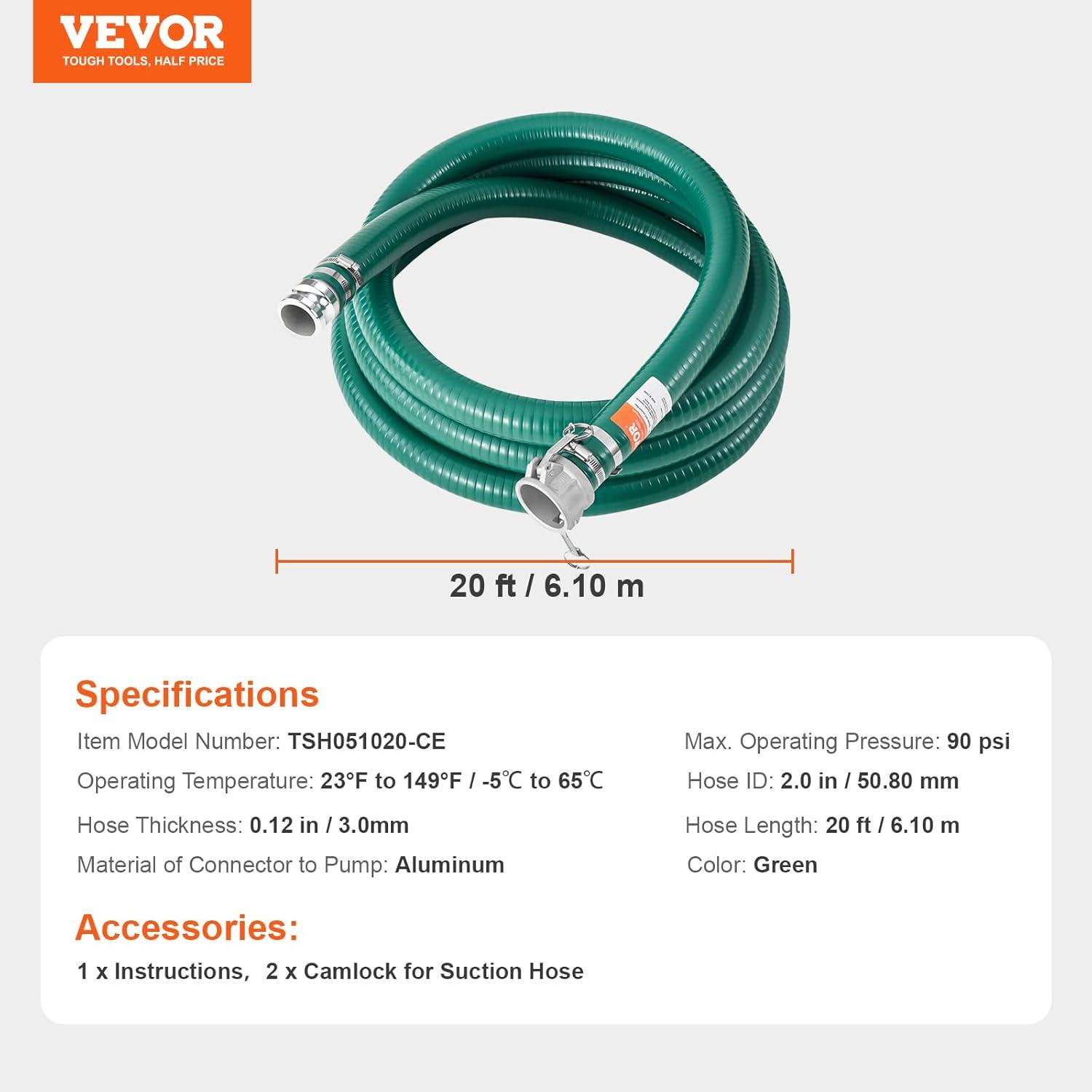 image:imageVEVOR Suction Hose 2 in x 20 ft Green High Quality Hose with Camlock Connectors and Aluminum Fittings Fit Various Pumps for Sewage Treatment Water Transportation and More Agricultural Purposes2 x 20 suction hose