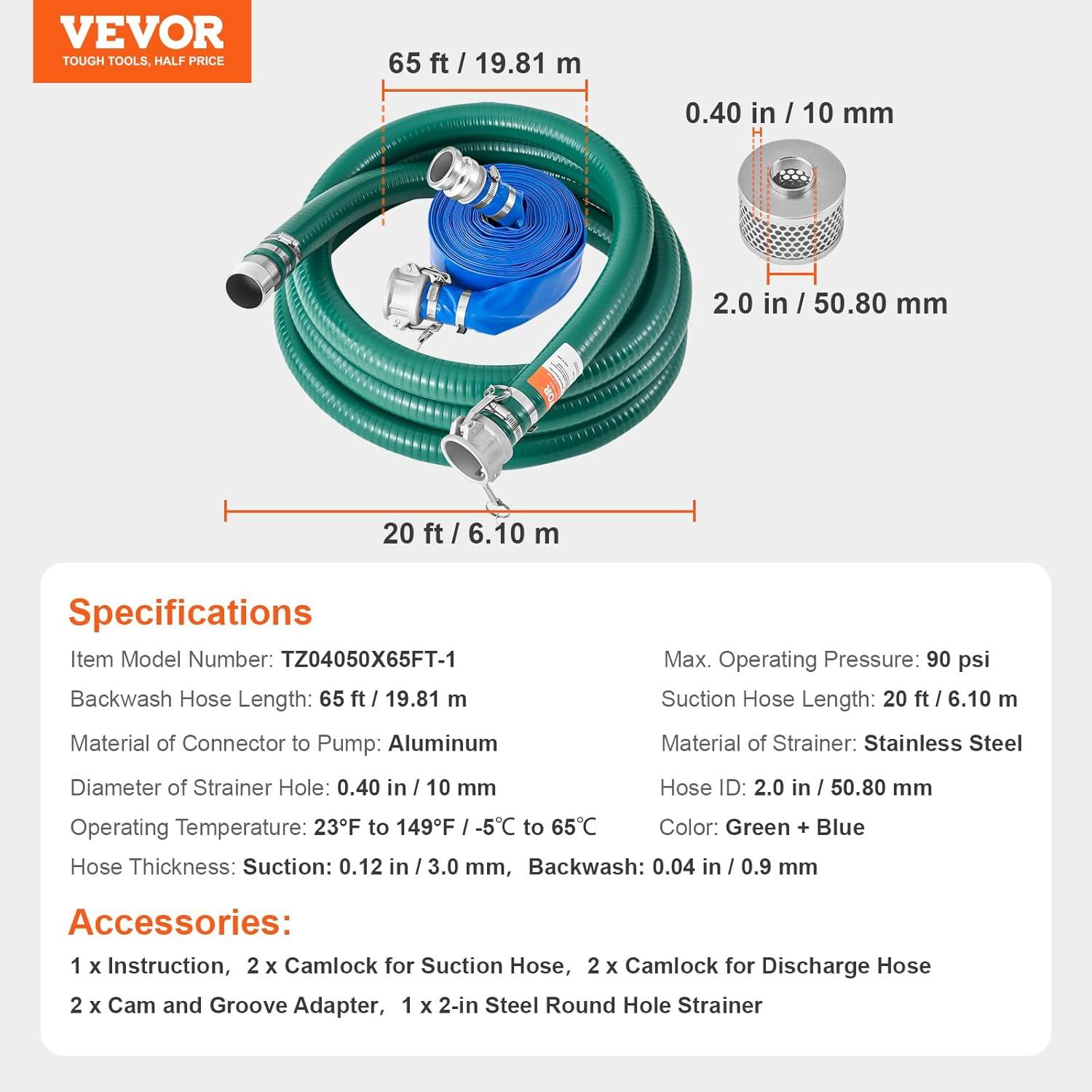 image:imageVEVOR Suction Hose 2 in x 20 ft Green High Quality Hose with Camlock Connectors and Aluminum Fittings Fit Various Pumps for Sewage Treatment Water Transportation and More Agricultural Purposes2 x 20 suction hose 60 Backwash Hose