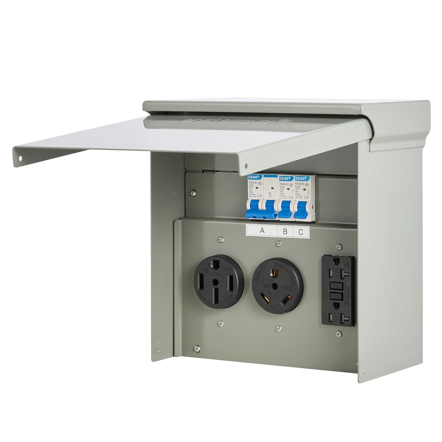 image:imageVEVOR Temporary Power Outlet Panel Weatherproof RV Electrical Breaker Box with 203050 Amp Receptacle Installed Prewired Circuit NEMA 1450RNEMA TT30R 20A GFCI for RV Camper Trailer Motorhome503020 Amp
