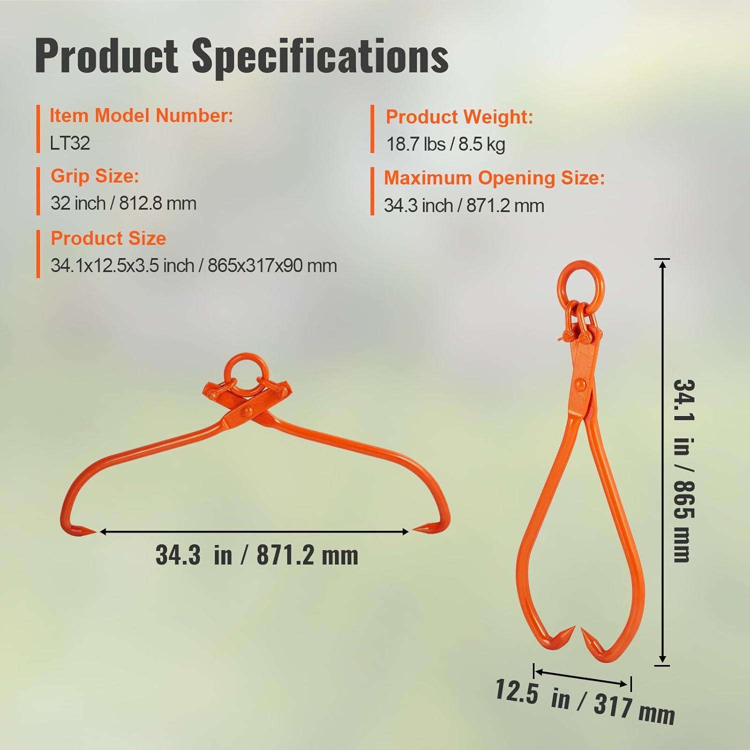 image:imageVEVOR Timber Claw Hook 28 inch 4 Claw Log Grapple Logging Tongs Swivel Steel Log Lifting Tongs 31 Max Opening Eagle Claws with 2205LBS1000kg Loading Capacity for Tractors ATVs Trucks Forklifts32inORing