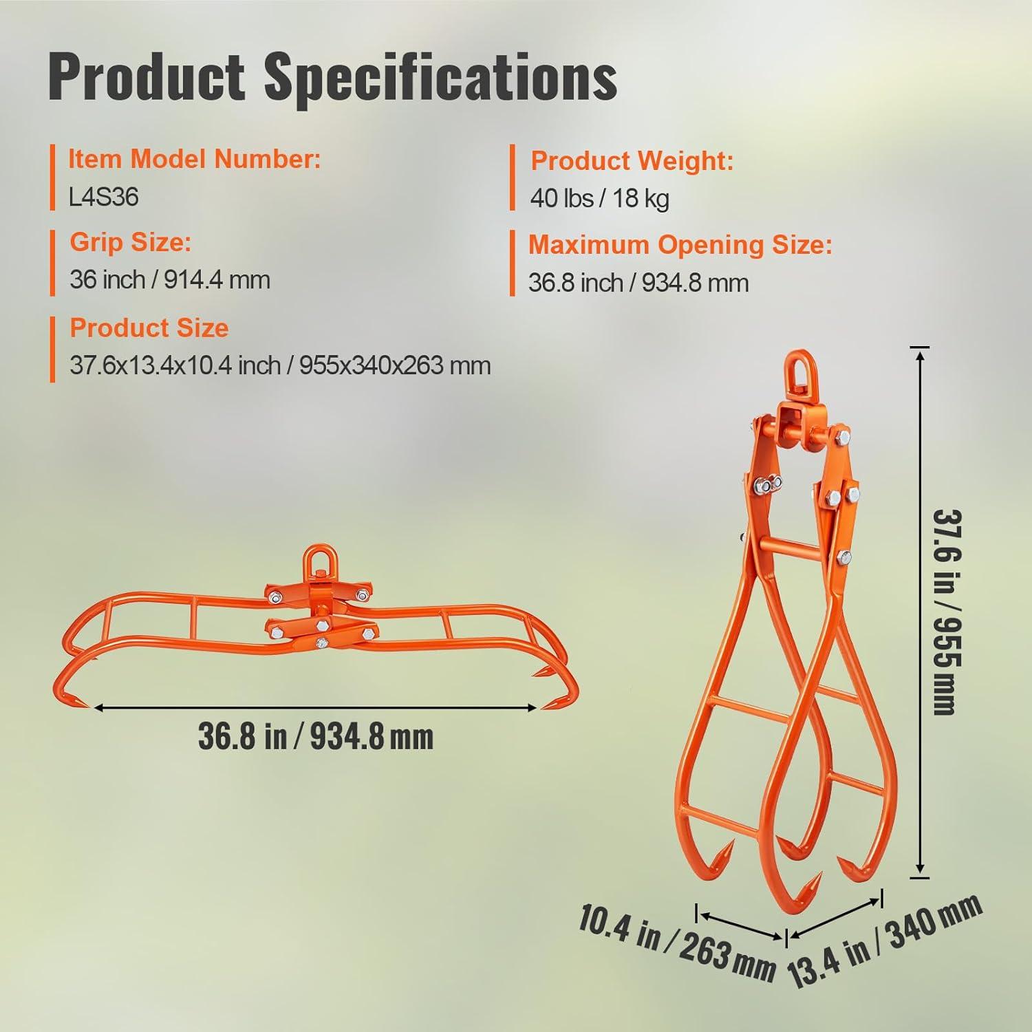 image:imageVEVOR Timber Claw Hook 28 inch 4 Claw Log Grapple Logging Tongs Swivel Steel Log Lifting Tongs 31 Max Opening Eagle Claws with 2205LBS1000kg Loading Capacity for Tractors ATVs Trucks Forklifts36inSwivel