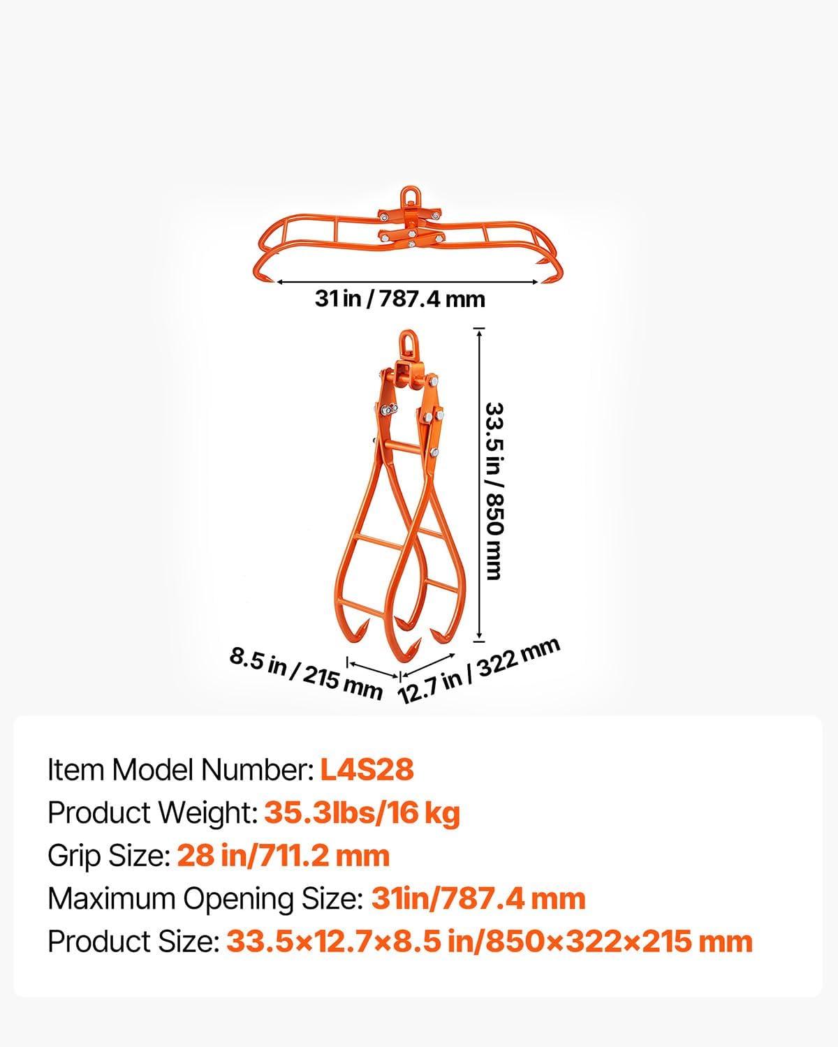 image:imageVEVOR Timber Claw Hook 28 inch 4 Claw Log Grapple Logging Tongs Swivel Steel Log Lifting Tongs 31 Max Opening Eagle Claws with 2205LBS1000kg Loading Capacity for Tractors ATVs Trucks Forklifts28inSwivel