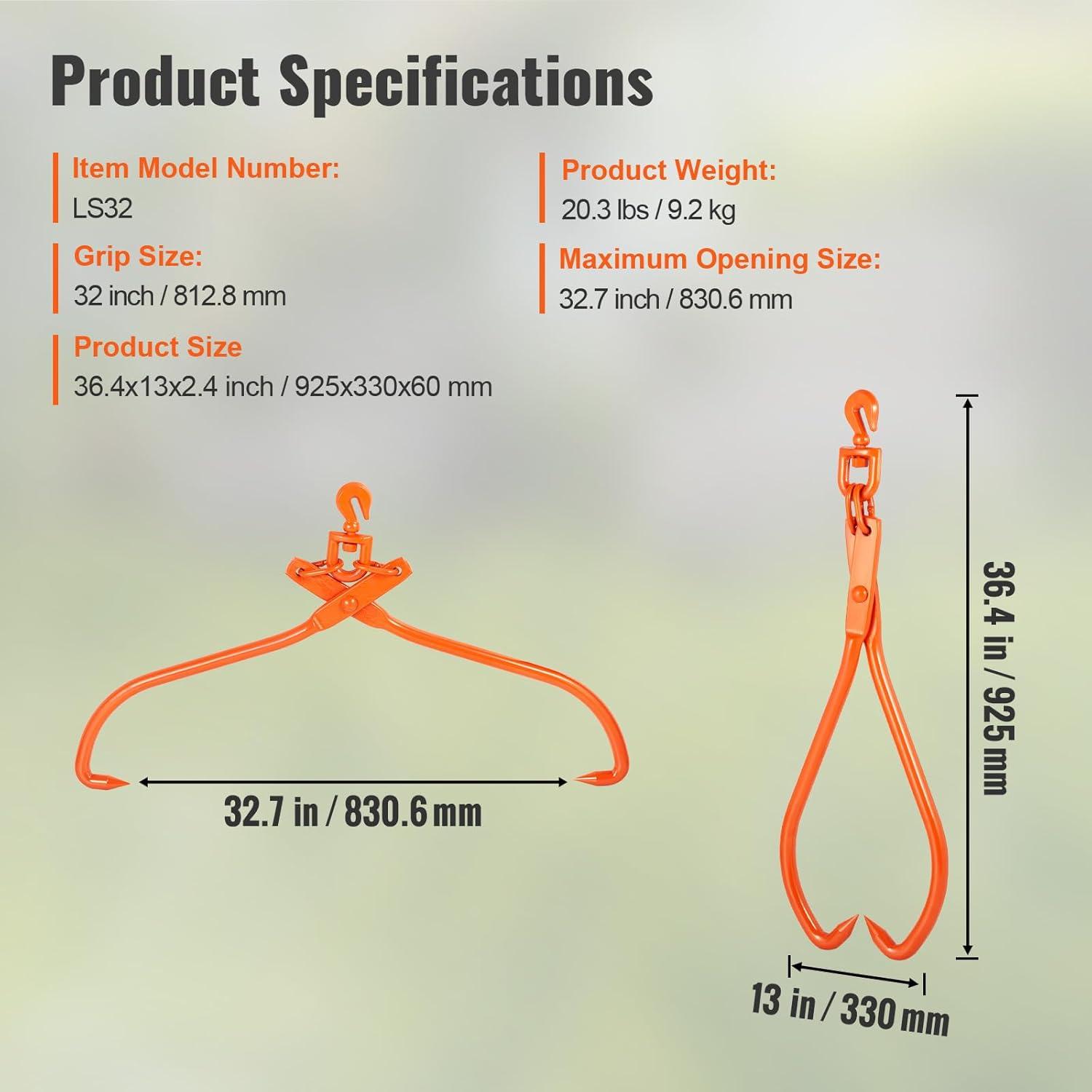 image:imageVEVOR Timber Claw Hook 28 inch 4 Claw Log Grapple Logging Tongs Swivel Steel Log Lifting Tongs 31 Max Opening Eagle Claws with 2205LBS1000kg Loading Capacity for Tractors ATVs Trucks Forklifts32inSwivel