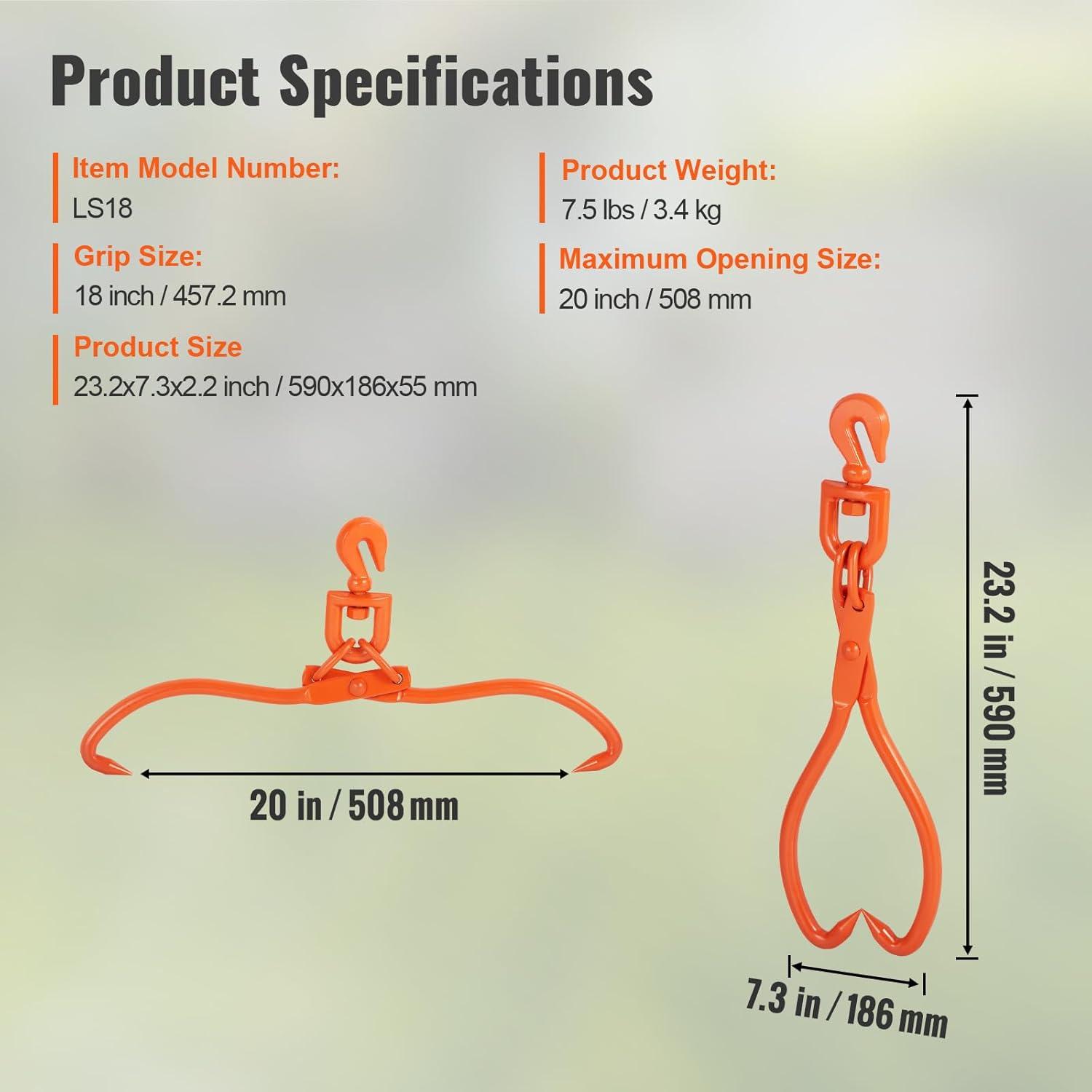 image:imageVEVOR Timber Claw Hook 28 inch 4 Claw Log Grapple Logging Tongs Swivel Steel Log Lifting Tongs 31 Max Opening Eagle Claws with 2205LBS1000kg Loading Capacity for Tractors ATVs Trucks Forklifts18inSwivel
