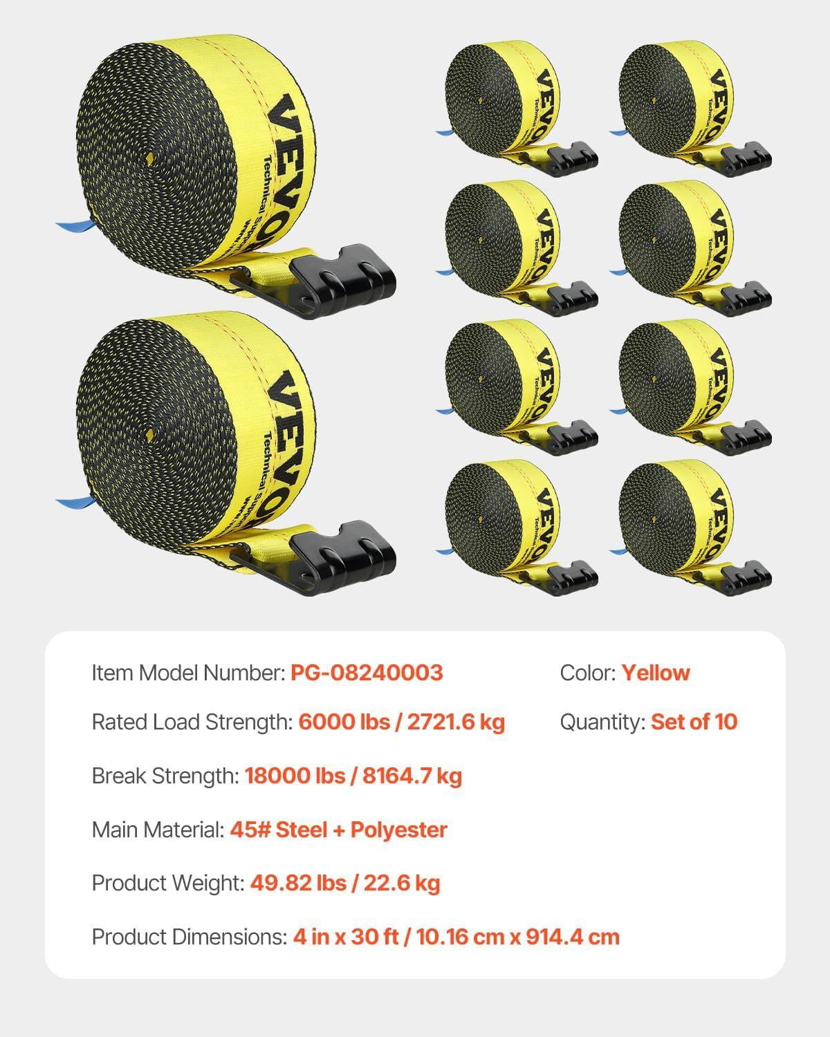 image:imageVEVOR Truck Straps 4 x30 Heavy Duty Tie Down wFlat Hooks 18000lbs Break Strength WLL 6000lbs Cargo Straps tie Down for Flatbeds Trucks Trailers Farms Rescues Tree Saver Yellow10 PackYellow