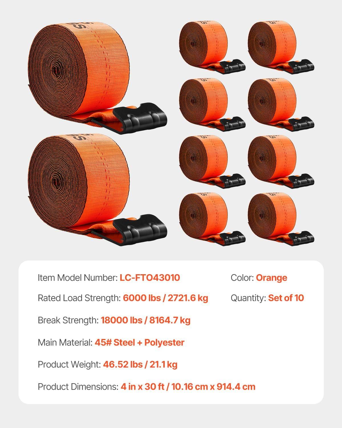 image:imageVEVOR Truck Straps 4 x30 Heavy Duty Tie Down wFlat Hooks 18000lbs Break Strength WLL 6000lbs Cargo Straps tie Down for Flatbeds Trucks Trailers Farms Rescues Tree Saver Yellow10 PackOrange