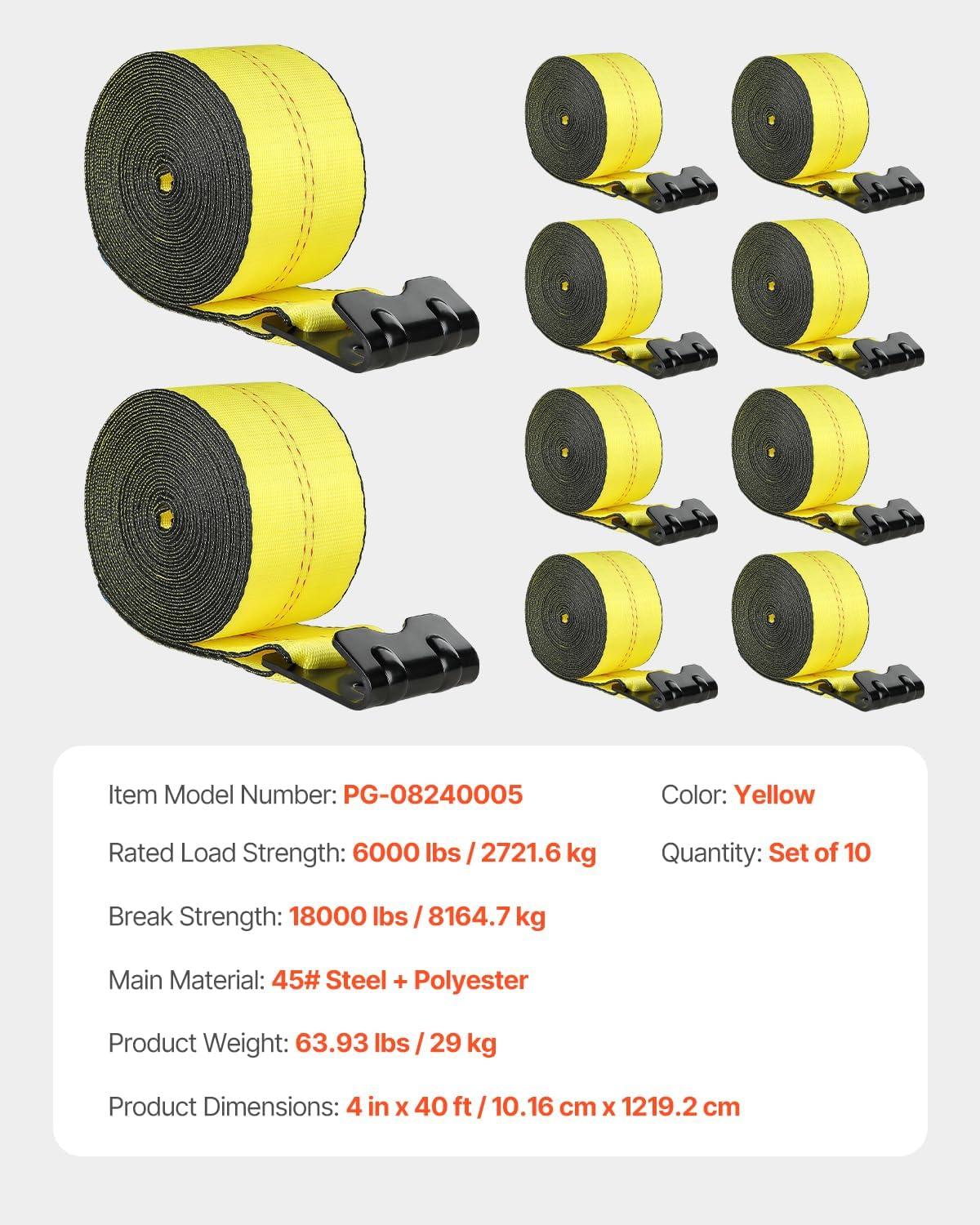 image:imageVEVOR Truck Straps 4 x30 Heavy Duty Tie Down wFlat Hooks 18000lbs Break Strength WLL 6000lbs Cargo Straps tie Down for Flatbeds Trucks Trailers Farms Rescues Tree Saver Yellow10 PackYellow