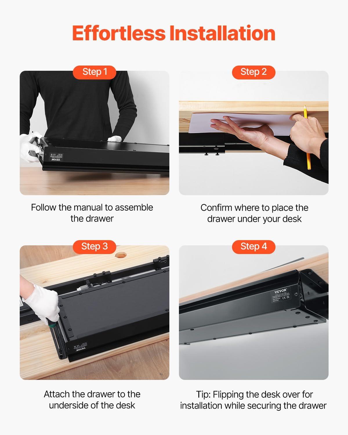 image:imageVEVOR Under Desk Drawer Slide Out 16 inch Attachable Desk Drawer for Sit Stand Workstation Hidden Under Counter Drawers for office Home Black26inch