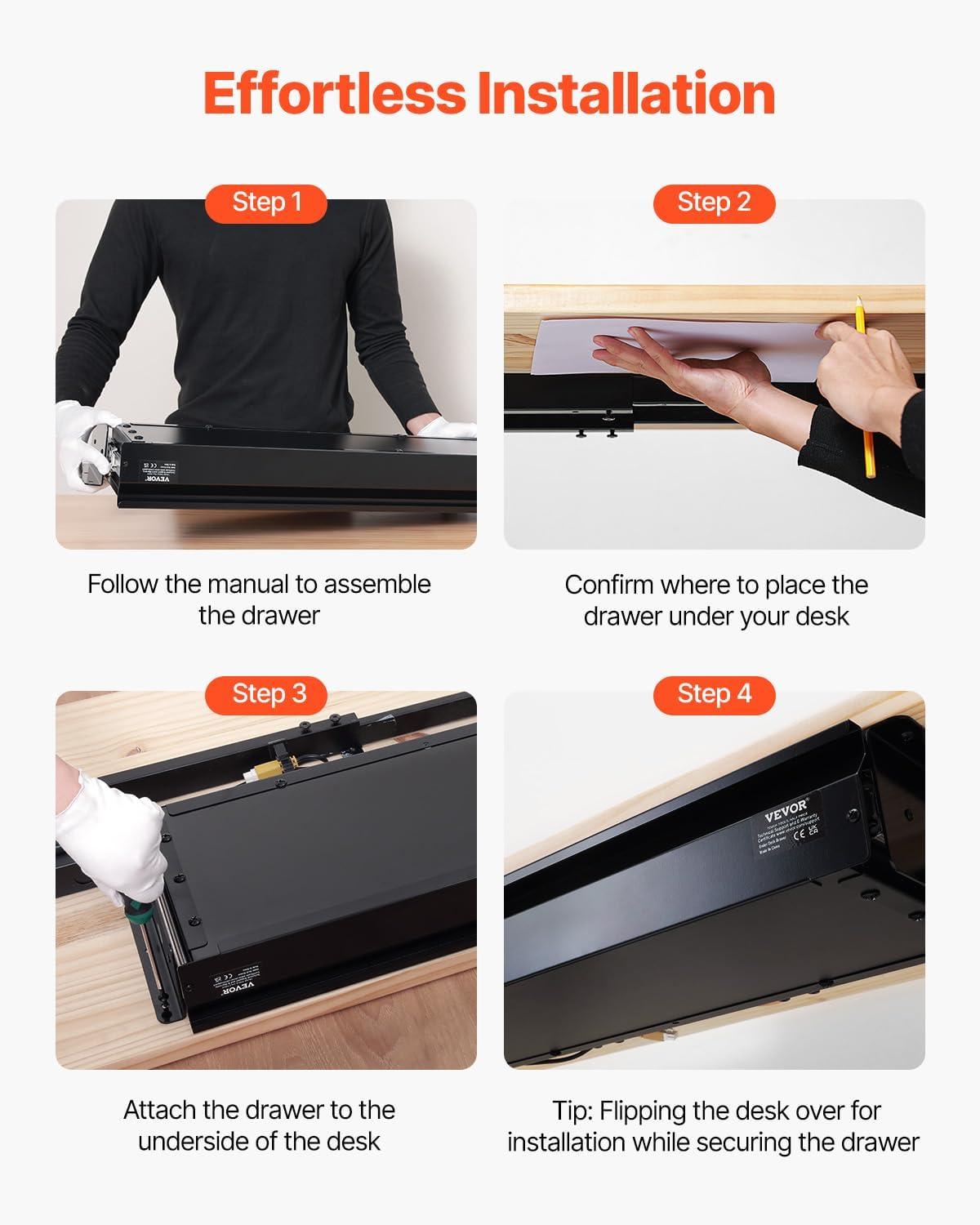 image:imageVEVOR Under Desk Drawer Slide Out 33inch Under Desk Mounted Pullout Drawer Attachment Hidden Under Counter Drawers for office Home Sit Stand Workstation Black33inch