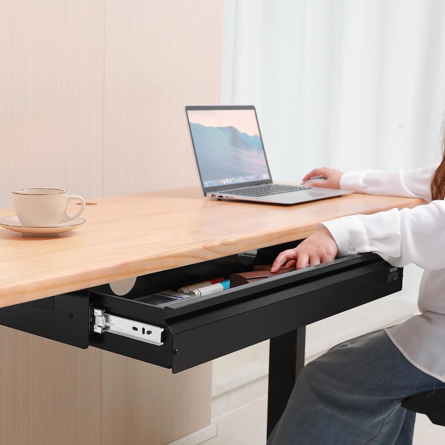 image:imageVEVOR Under Desk Drawer Slide Out 33inch Under Desk Mounted Pullout Drawer Attachment Hidden Under Counter Drawers for office Home Sit Stand Workstation Black33inch