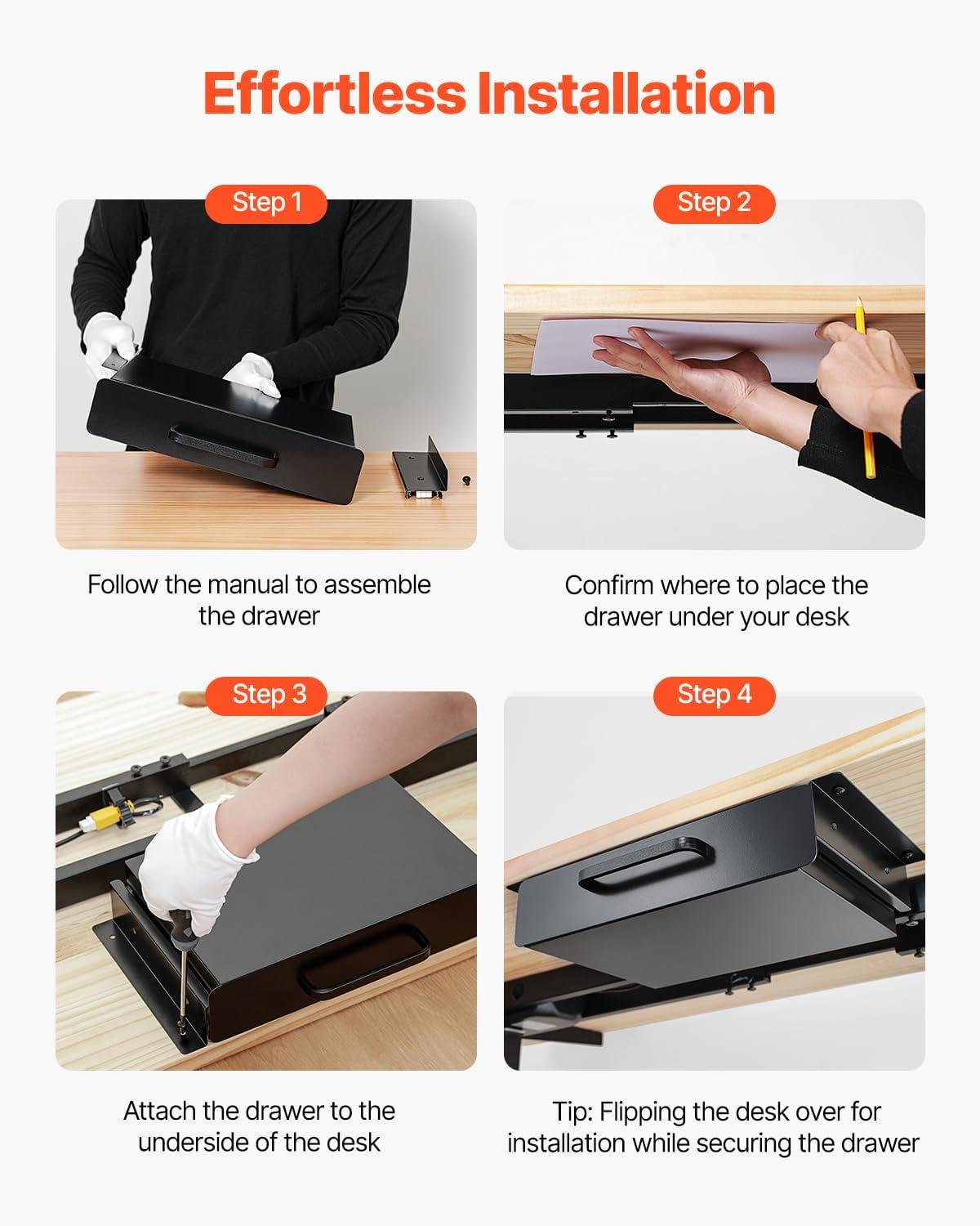 image:imageVEVOR Under Desk Drawer Slide Out 33inch Under Desk Mounted Pullout Drawer Attachment Hidden Under Counter Drawers for office Home Sit Stand Workstation Black13inch