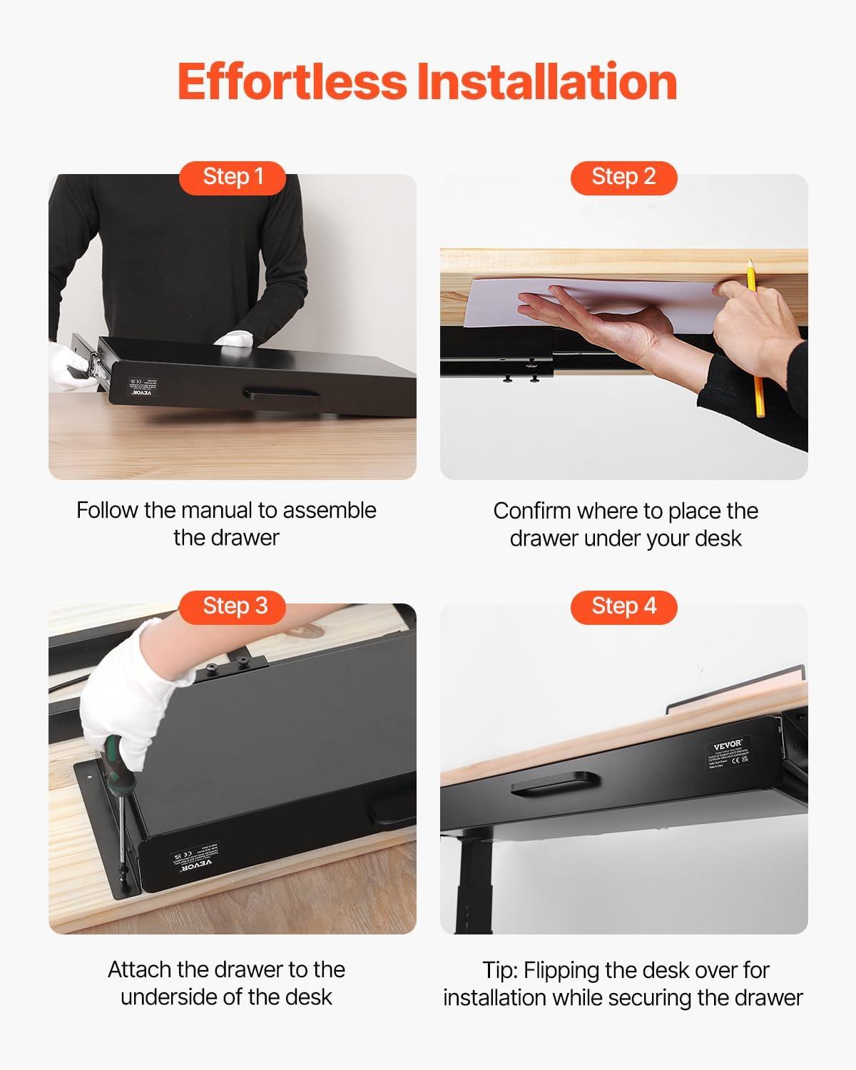 image:imageVEVOR Under Desk Drawer Slide Out 33inch Under Desk Mounted Pullout Drawer Attachment Hidden Under Counter Drawers for office Home Sit Stand Workstation Black22inch