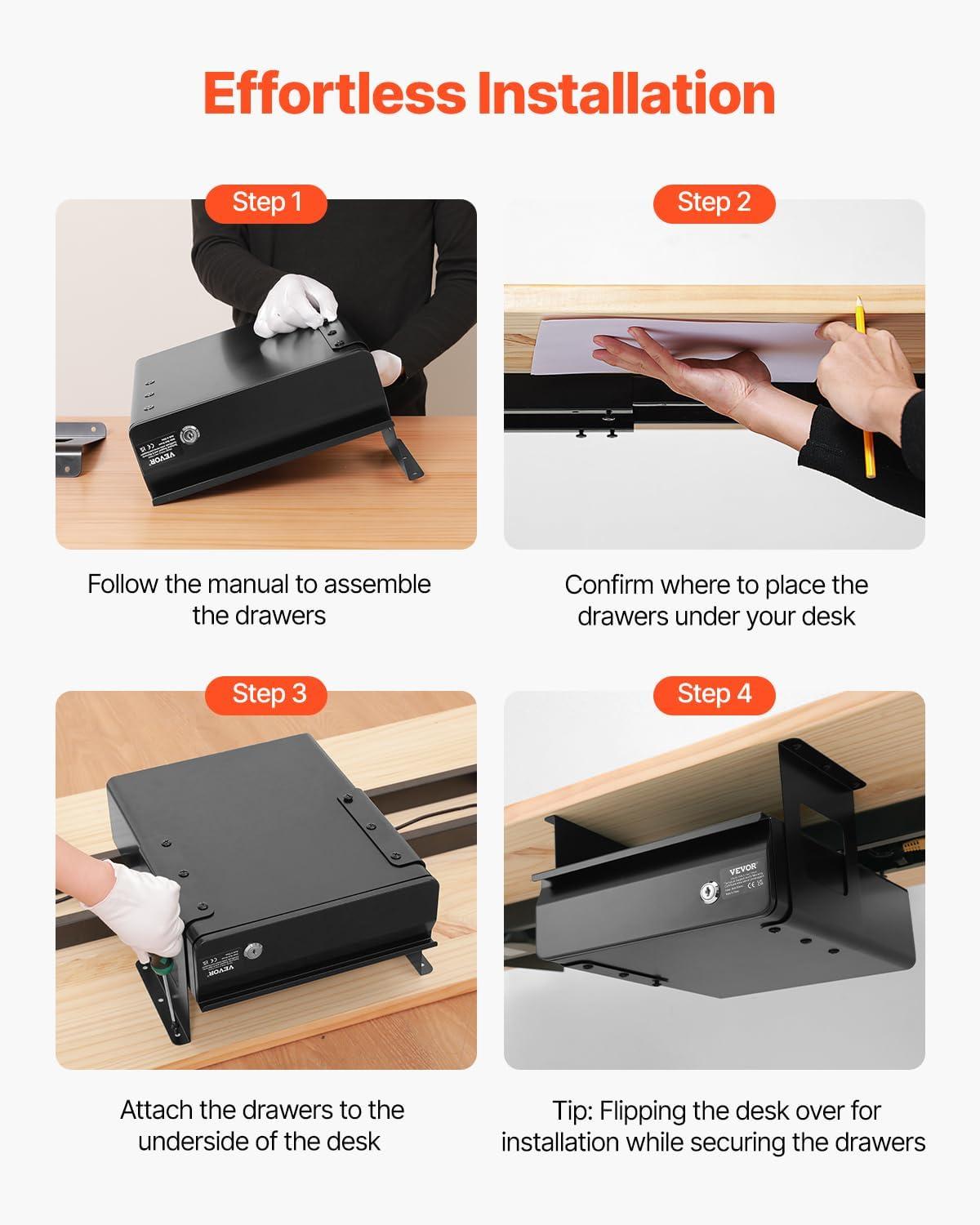 image:imageVEVOR Under Desk Lockable Slide Out Drawer 13 inch Under Desk Pullout Drawer for Sit Stand Workstation Secure Under Counter Drawers for Home Office Storage Organizer BlackSingle