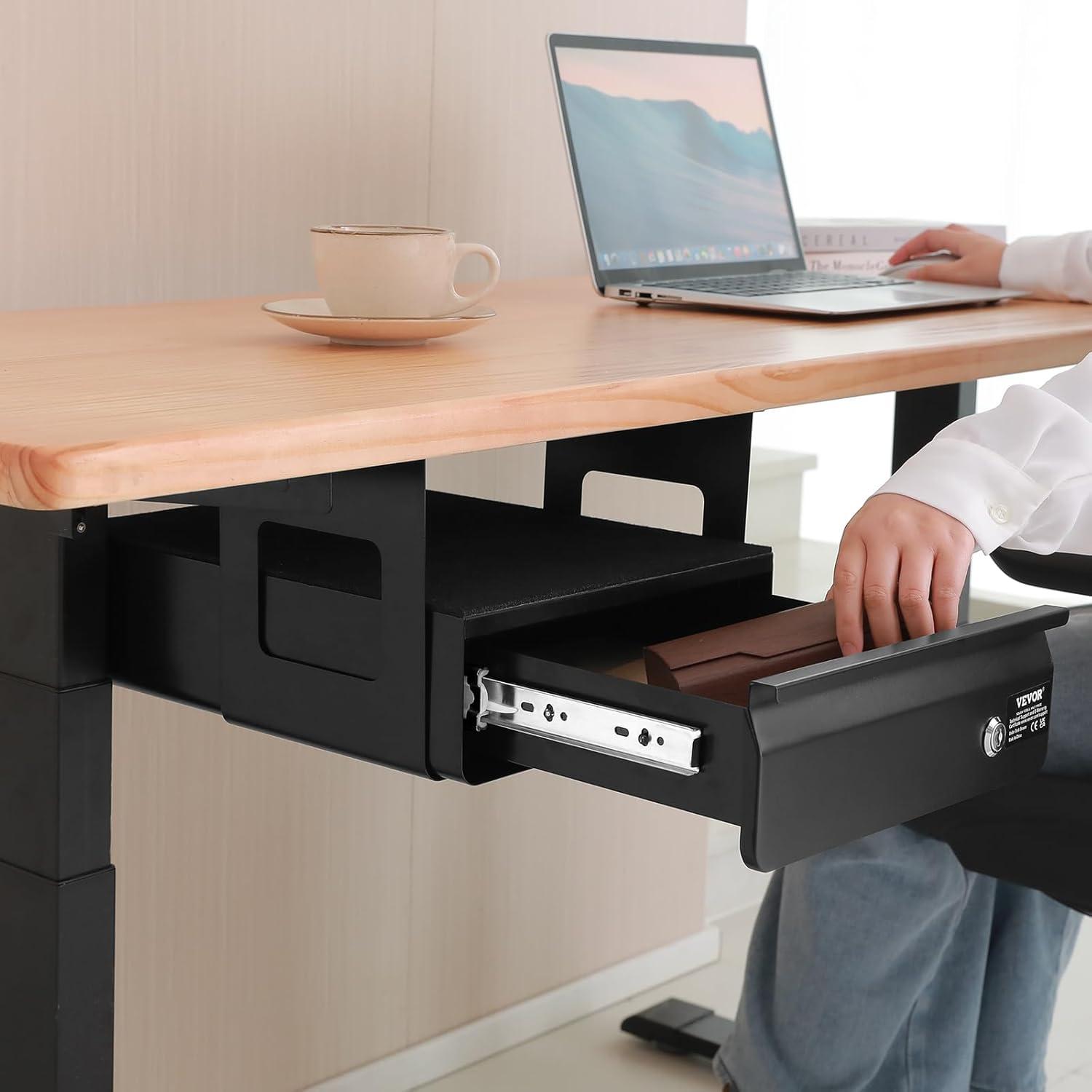 image:imageVEVOR Under Desk Lockable Slide Out Drawer 13 inch Under Desk Pullout Drawer for Sit Stand Workstation Secure Under Counter Drawers for Home Office Storage Organizer BlackSingle