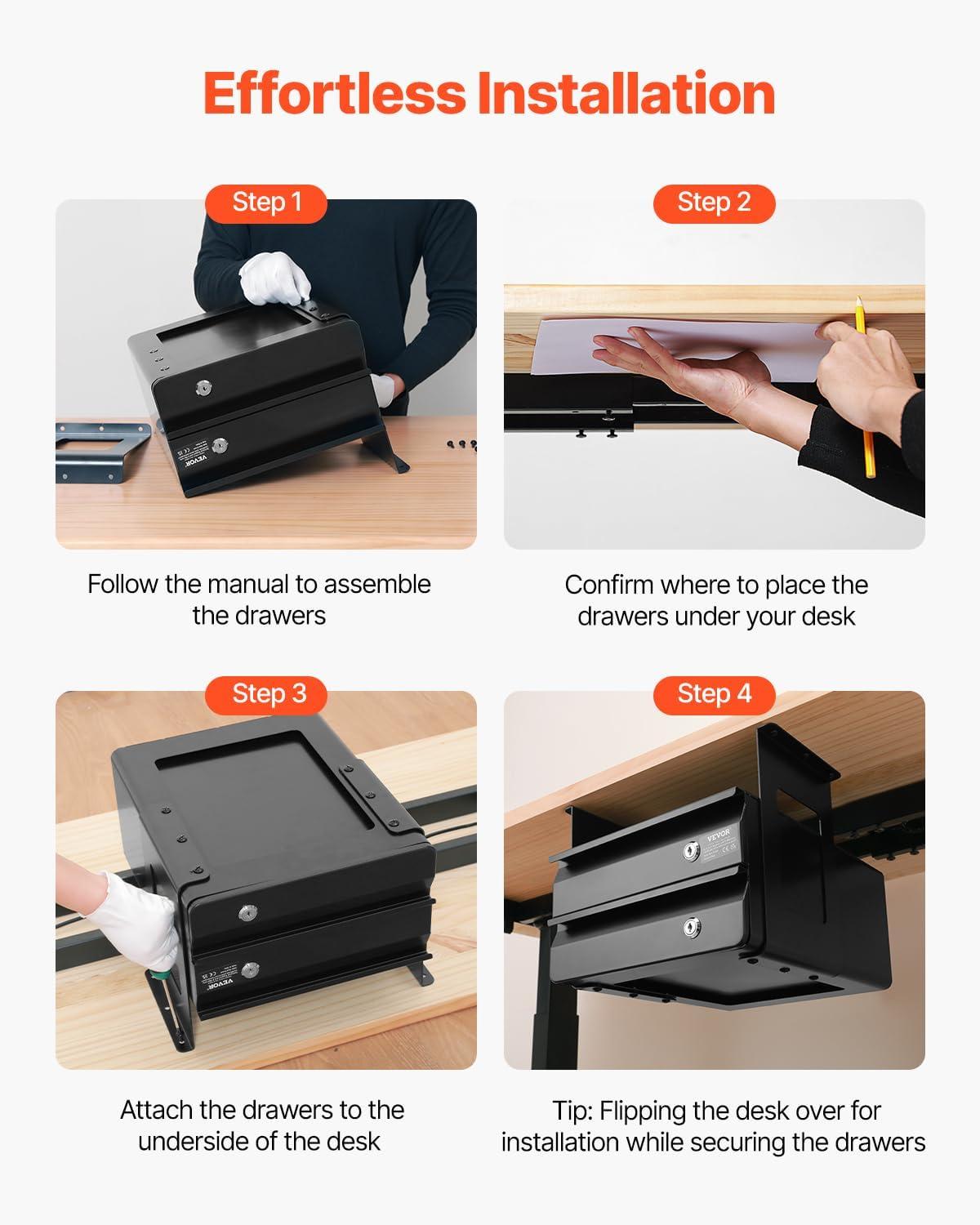image:imageVEVOR Under Desk Lockable Slide Out Drawer 13 inch Under Desk Pullout Drawer for Sit Stand Workstation Secure Under Counter Drawers for Home Office Storage Organizer BlackDouble