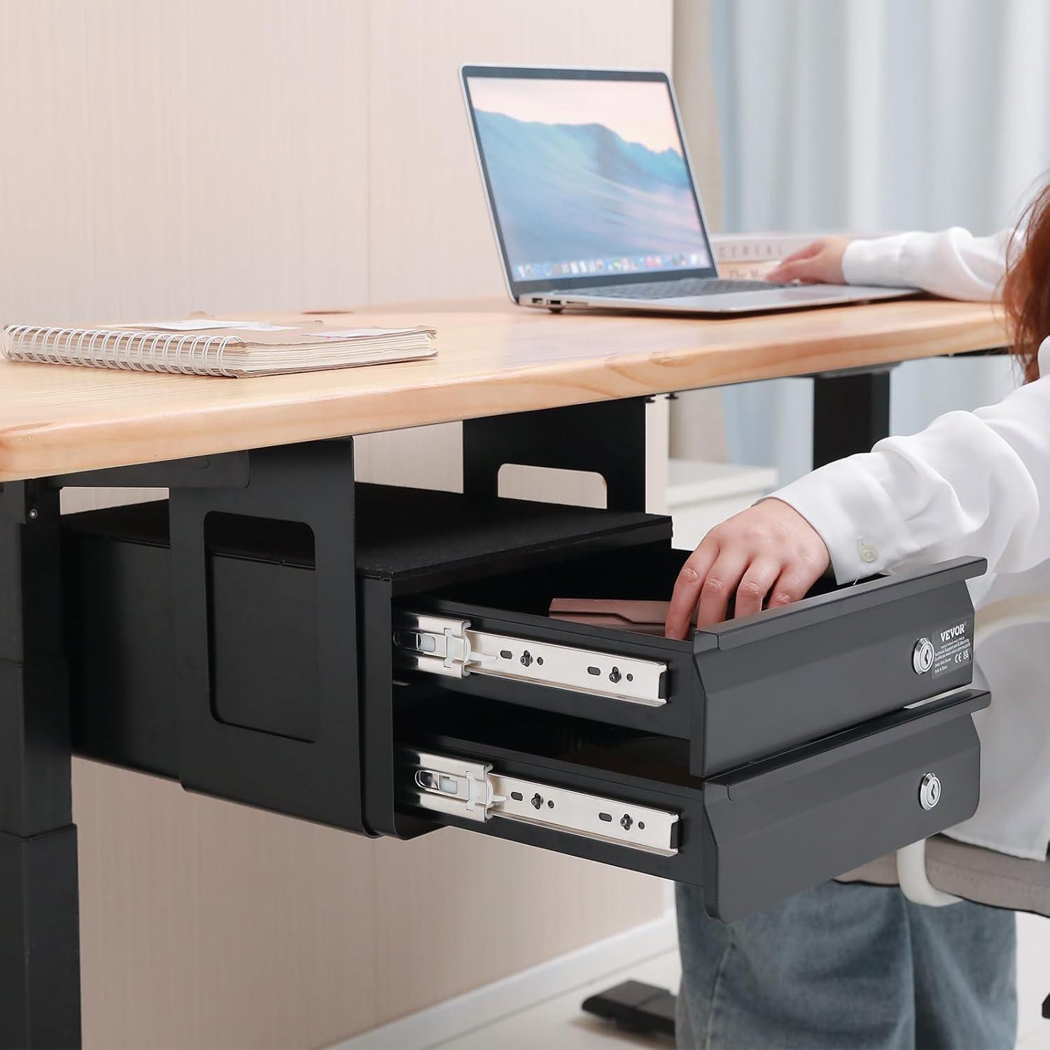 image:imageVEVOR Under Desk Lockable Slide Out Drawer 13 inch Under Desk Pullout Drawer for Sit Stand Workstation Secure Under Counter Drawers for Home Office Storage Organizer BlackDouble