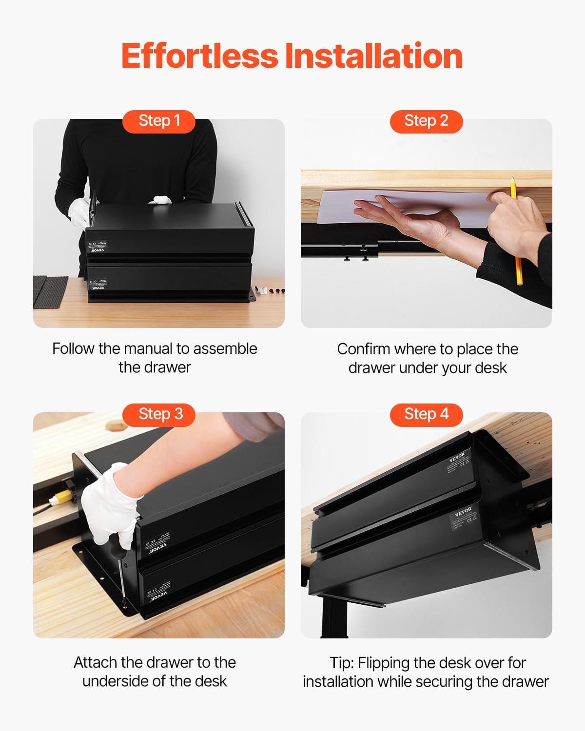 image:imageVEVOR Under Desk Lockable Slide Out Drawer 13 inch Under Desk Pullout Drawer for Sit Stand Workstation Secure Under Counter Drawers for Home Office Storage Organizer Black16inch Double