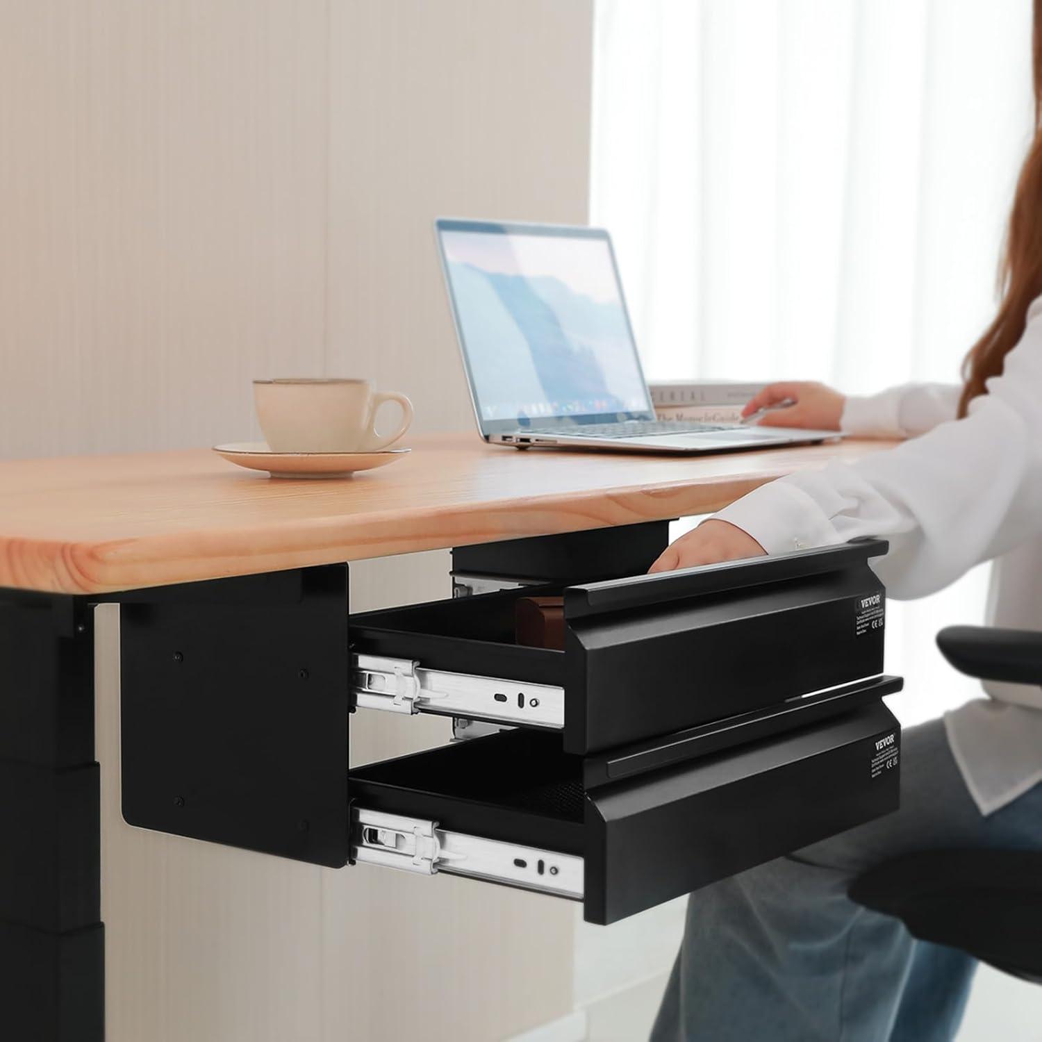image:imageVEVOR Under Desk Lockable Slide Out Drawer 13 inch Under Desk Pullout Drawer for Sit Stand Workstation Secure Under Counter Drawers for Home Office Storage Organizer Black16inch Double