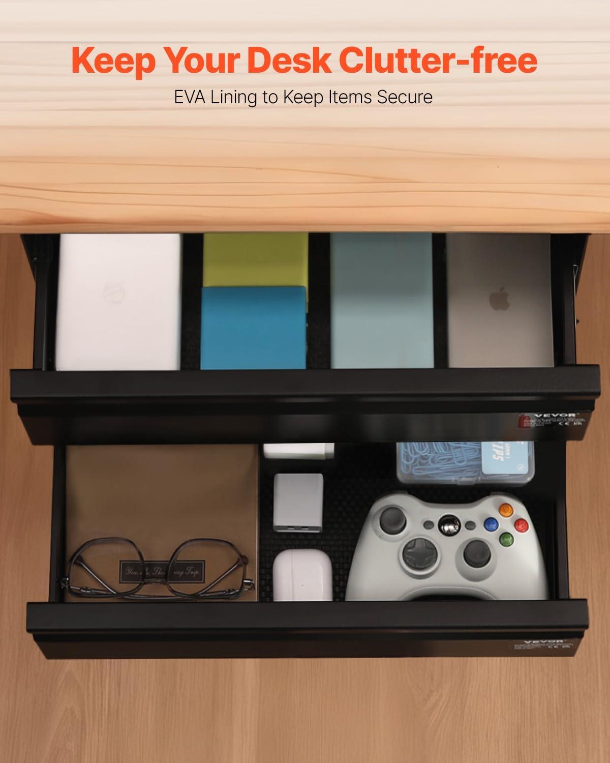 image:imageVEVOR Under Desk Lockable Slide Out Drawer 13 inch Under Desk Pullout Drawer for Sit Stand Workstation Secure Under Counter Drawers for Home Office Storage Organizer Black16inch Double
